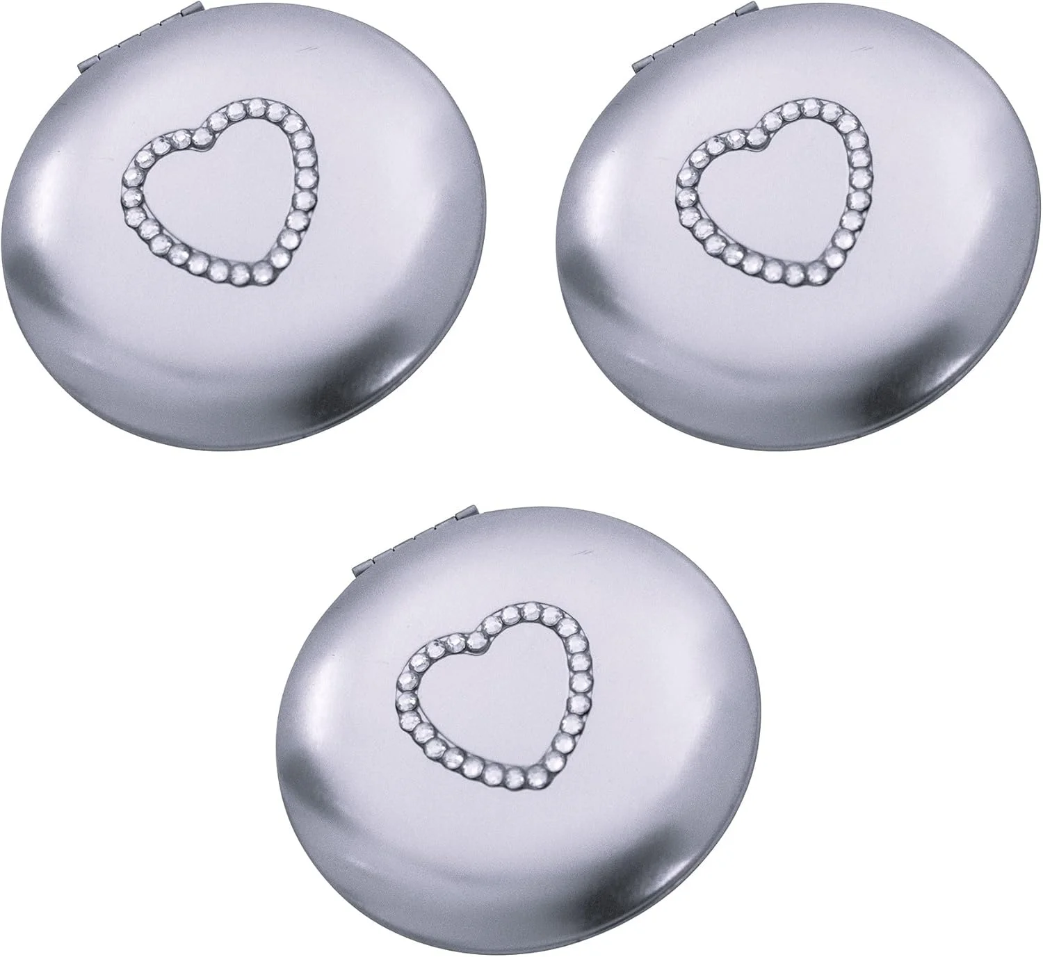 ست 3 تایی آینه های جیبی دو طرفه ذره بینی باریک قلبی شکل Stephanie Imports (نقره ای با قلب نگین دار، کوچک)