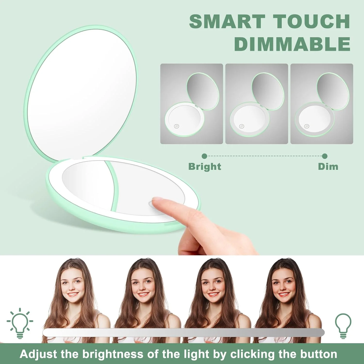 Sweetone Portable Mirror, LED Handbag Mirror Rechargeable Compact Mirror with 1X/10X Magnification, Travel Mirror with Adjustable Light, Small Mirror for Bag, Travel (Green) Sweetone Portable Mirror, LED Handbag Mirror Rechargeable Compact Mirror with 1X/10X Magnification, Travel Mirror with Adjustable Light, Small Mirror for Bag, Travel (Green)