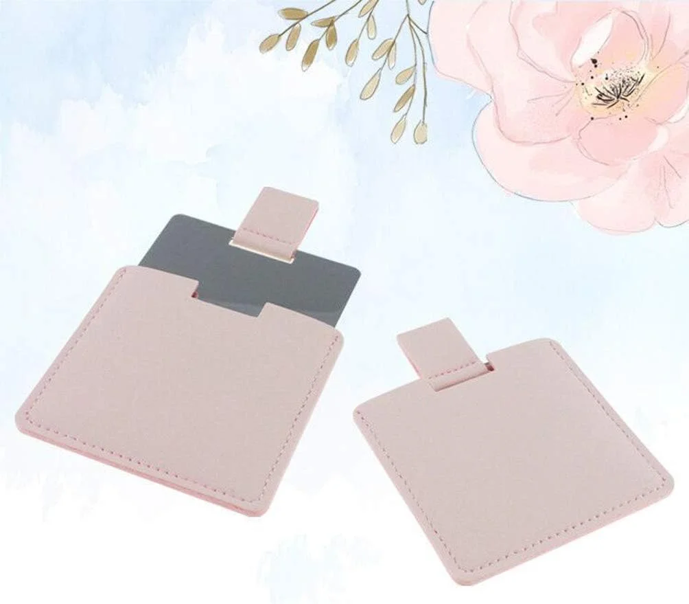 آینه جیبی استیل Teensery، دو عددی، با روکش چرمی PU (صورتی، خاکستری)