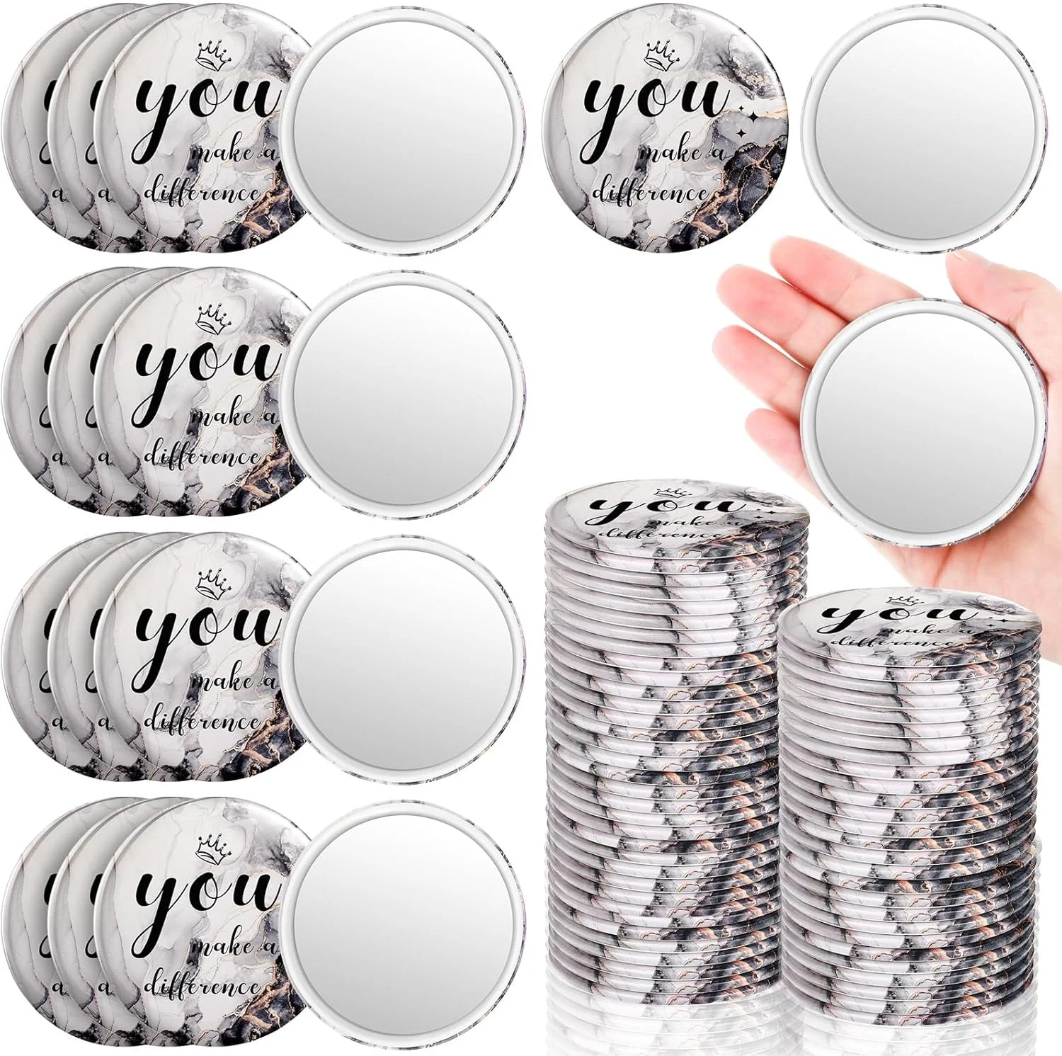 آینه جیبی کوچک Tradder، بسته 48 عددی، قطر 7 سانتی متر، با طرح های الهام بخش، مناسب هدیه به کارمندان، آینه آرایشی گرد، آینه دستی کوچک زیبا و جذاب برای زنان، همکاران و پرستاران (طرح ساده)