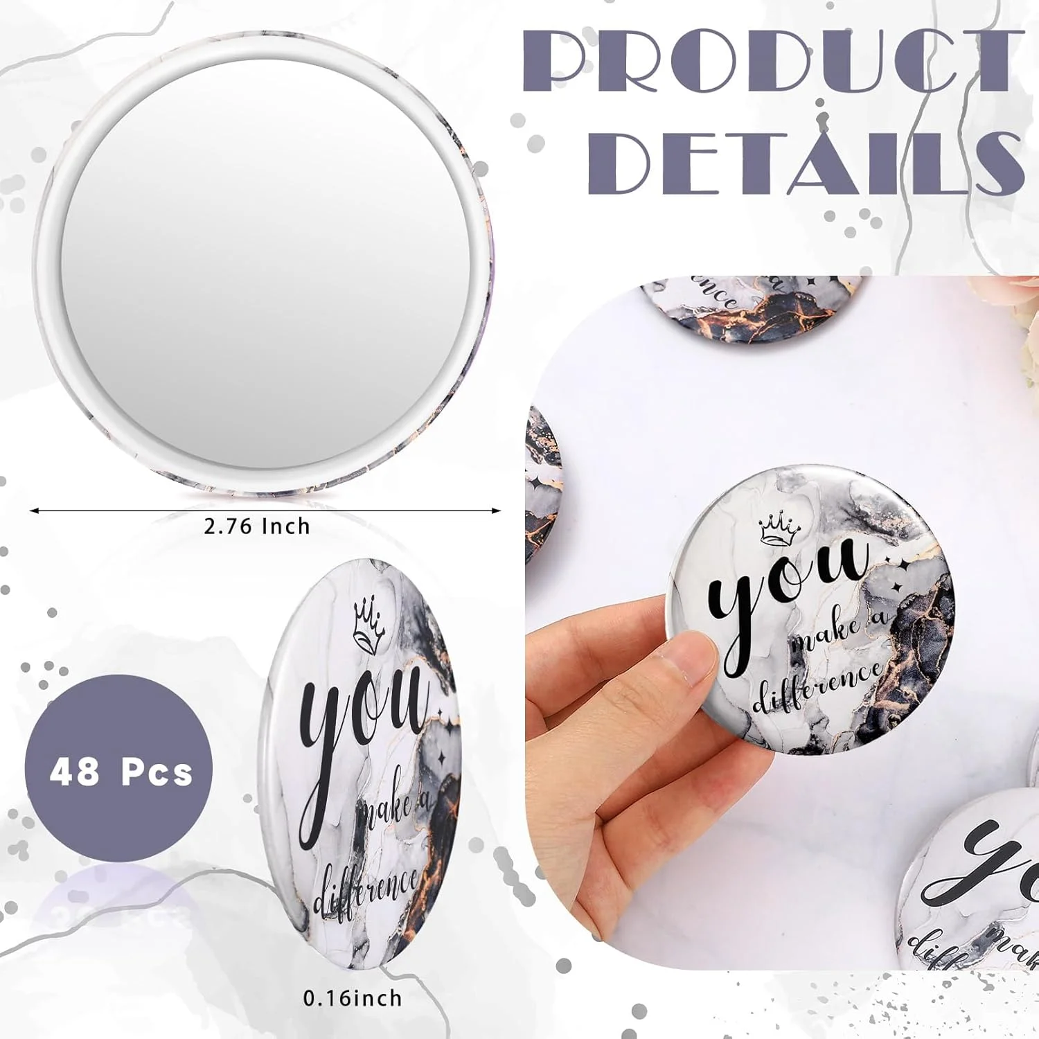 آینه جیبی کوچک Tradder، بسته 48 عددی، قطر 7 سانتی متر، با طرح های الهام بخش، مناسب هدیه به کارمندان، آینه آرایشی گرد، آینه دستی کوچک زیبا و جذاب برای زنان، همکاران و پرستاران (طرح ساده)