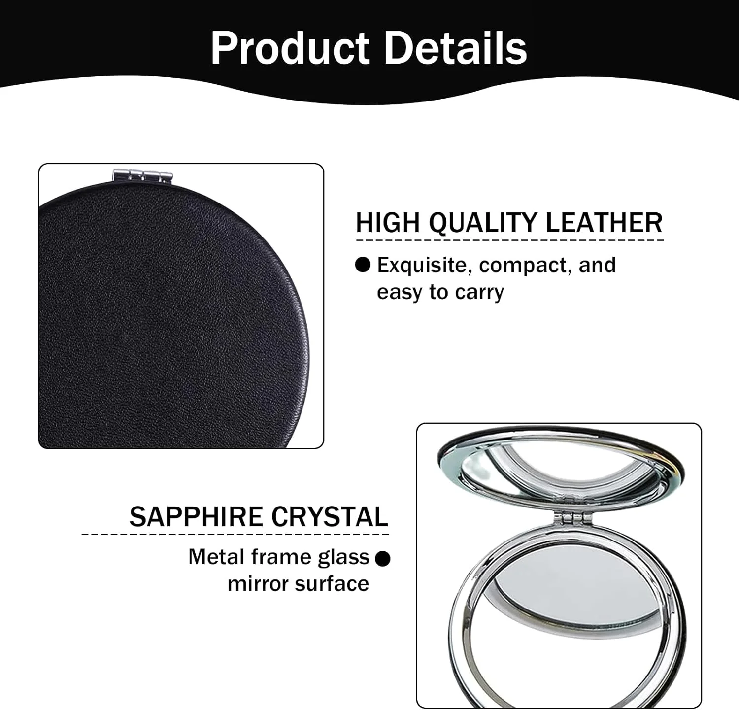 آینه جیبی کوچک Tolenre، آینه آرایشی 8 سانتی متری، آینه آرایشی مسافرتی دو طرفه، آینه مسافرتی، آینه تاشو دو طرفه قابل حمل برای کیف، جیب، مربعی (مشکی)