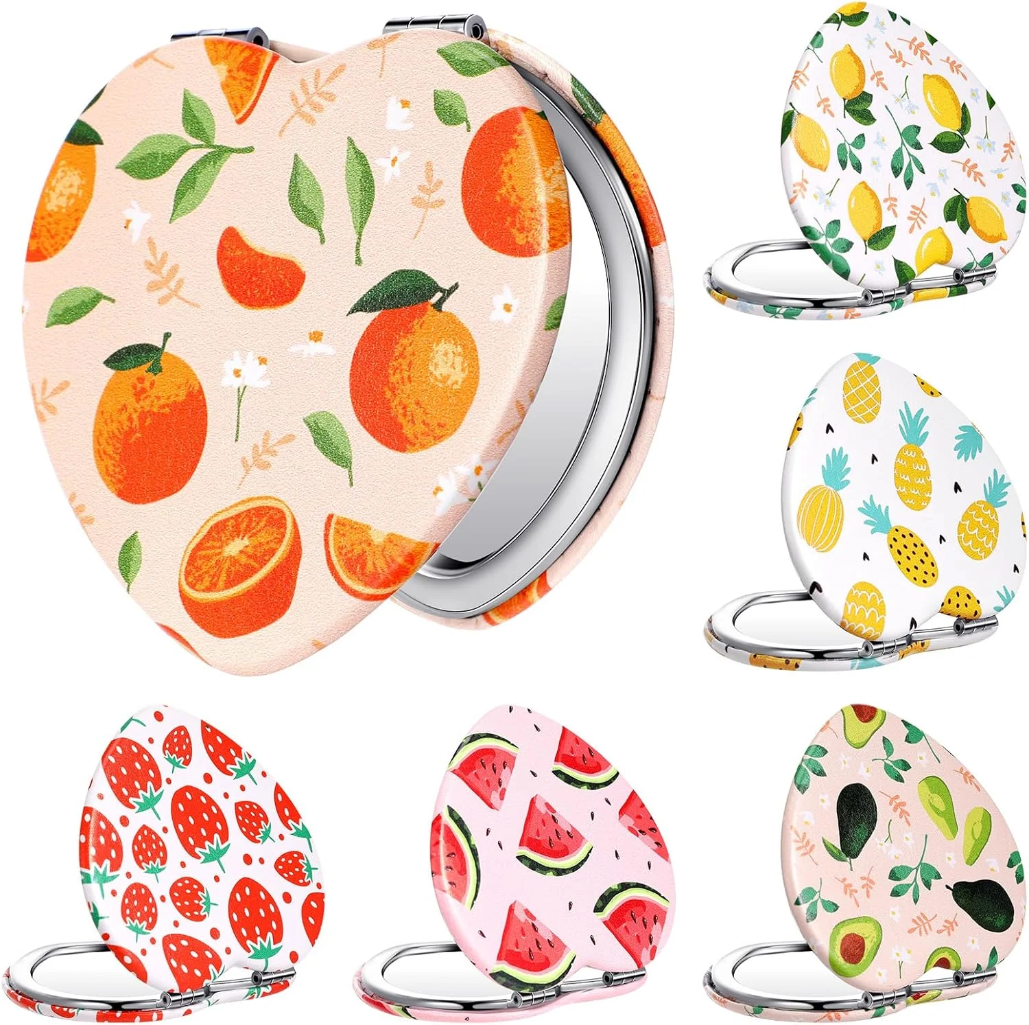 آینه جیبی کوچک Vicenpal، طرح میوه، 6 عددی، آینه آرایشی دو طرفه تاشو با قابلیت بزرگنمایی، چرم PU، مناسب هدیه برای مادر، دختر و کودکان (طرح عشق)