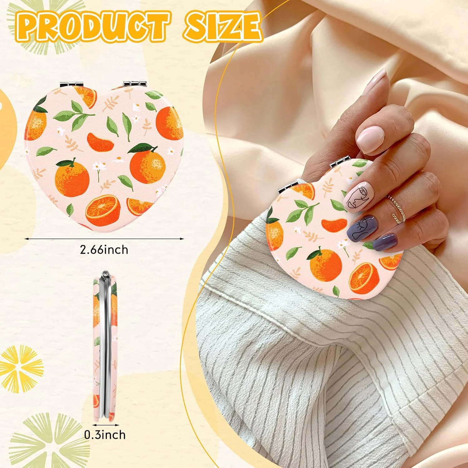 آینه جیبی کوچک Vicenpal، طرح میوه، 6 عددی، آینه آرایشی دو طرفه تاشو با قابلیت بزرگنمایی، چرم PU، مناسب هدیه برای مادر، دختر و کودکان (طرح عشق)