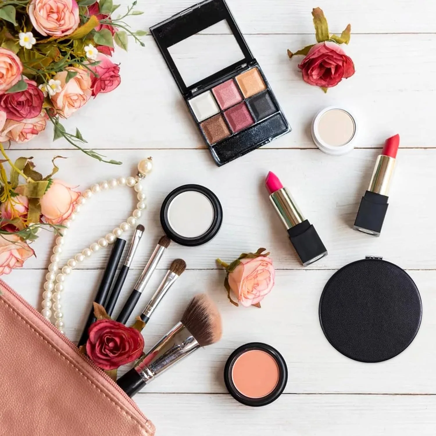 آینه جیبی کوچک Tolenre، آینه آرایشی 8 سانتی متری، آینه آرایشی مسافرتی دو طرفه، آینه مسافرتی، آینه تاشو دو طرفه قابل حمل برای کیف، جیب، مربعی (مشکی)