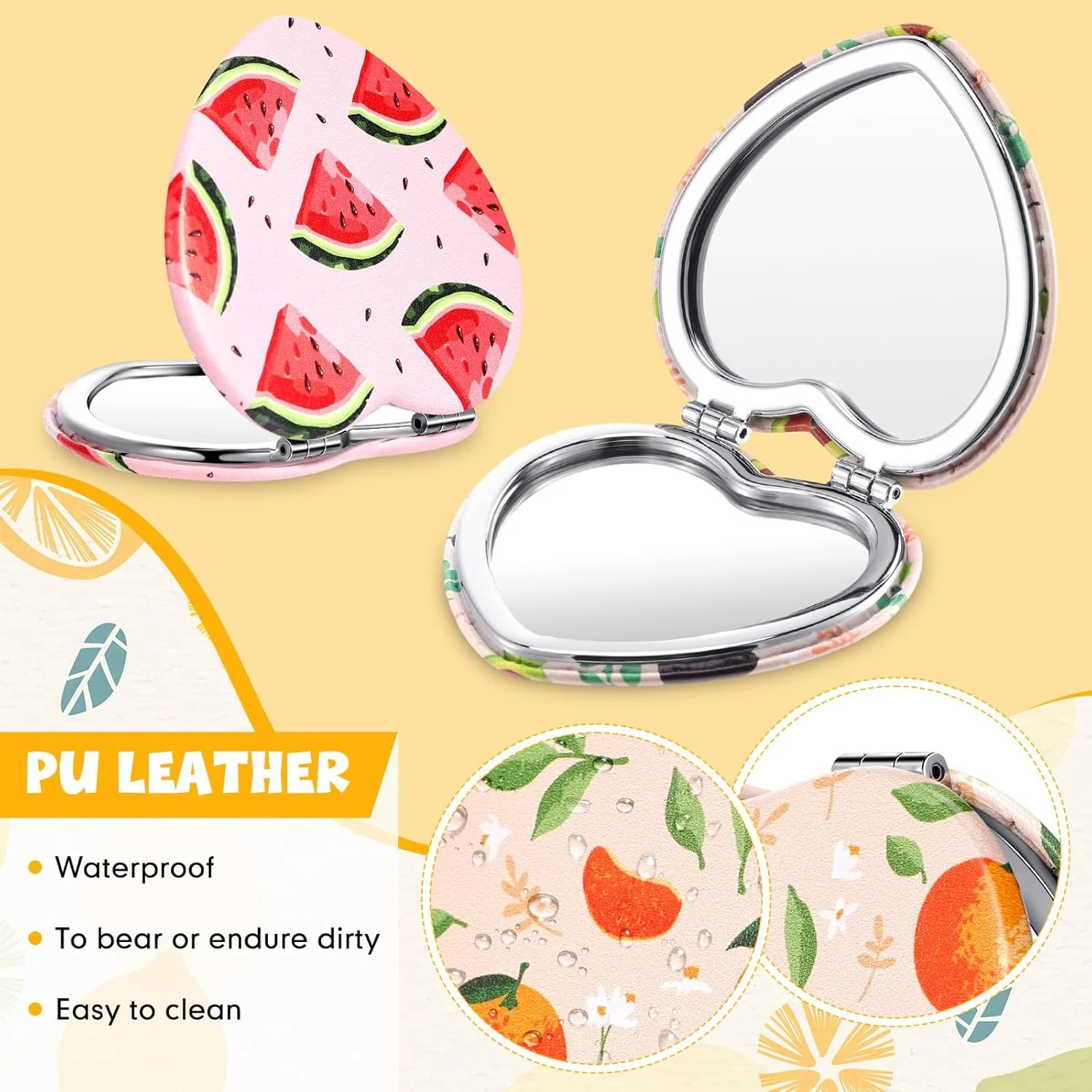 آینه جیبی کوچک Vicenpal، طرح میوه، 6 عددی، آینه آرایشی دو طرفه تاشو با قابلیت بزرگنمایی، چرم PU، مناسب هدیه برای مادر، دختر و کودکان (طرح عشق)