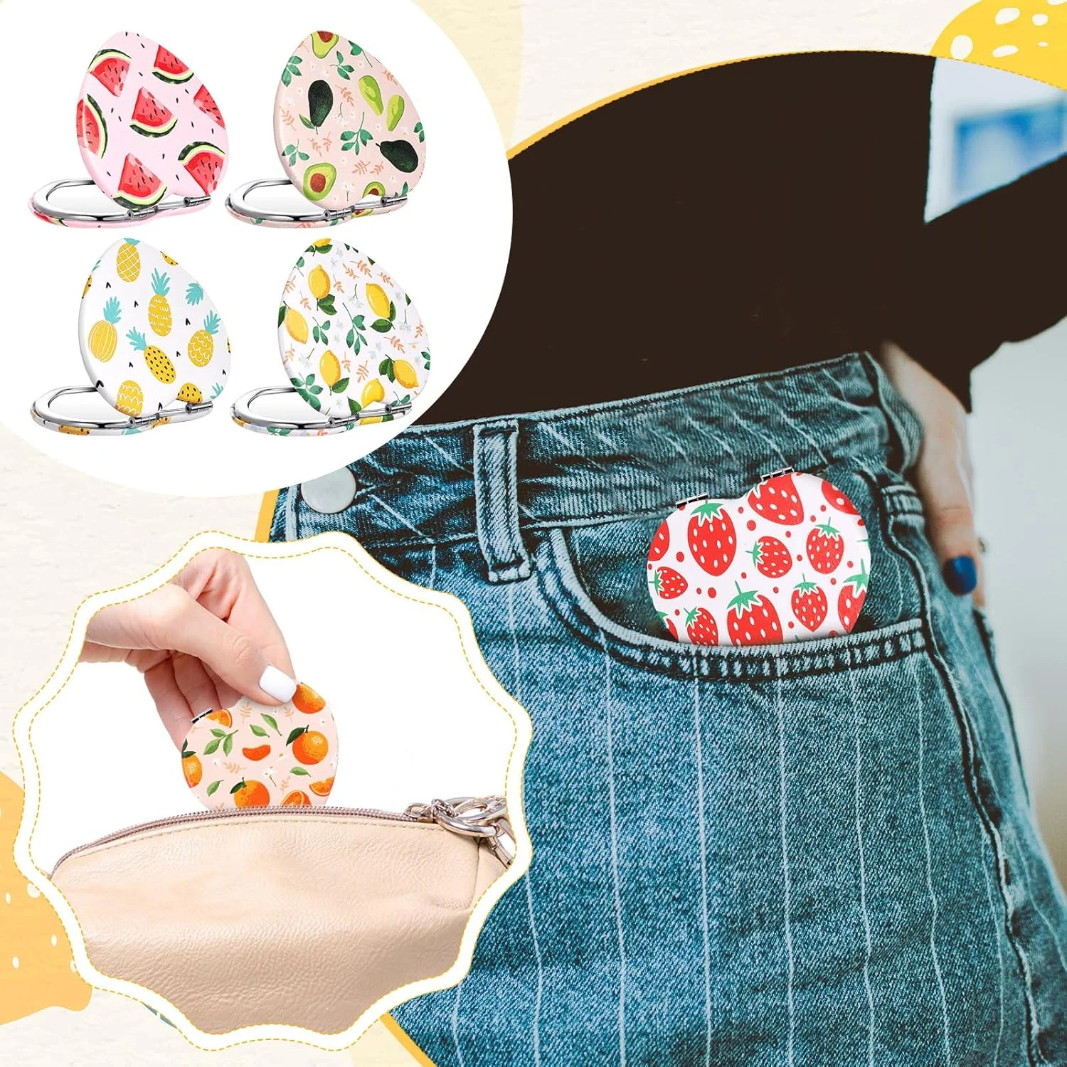 آینه جیبی کوچک Vicenpal، طرح میوه، 6 عددی، آینه آرایشی دو طرفه تاشو با قابلیت بزرگنمایی، چرم PU، مناسب هدیه برای مادر، دختر و کودکان (طرح عشق)