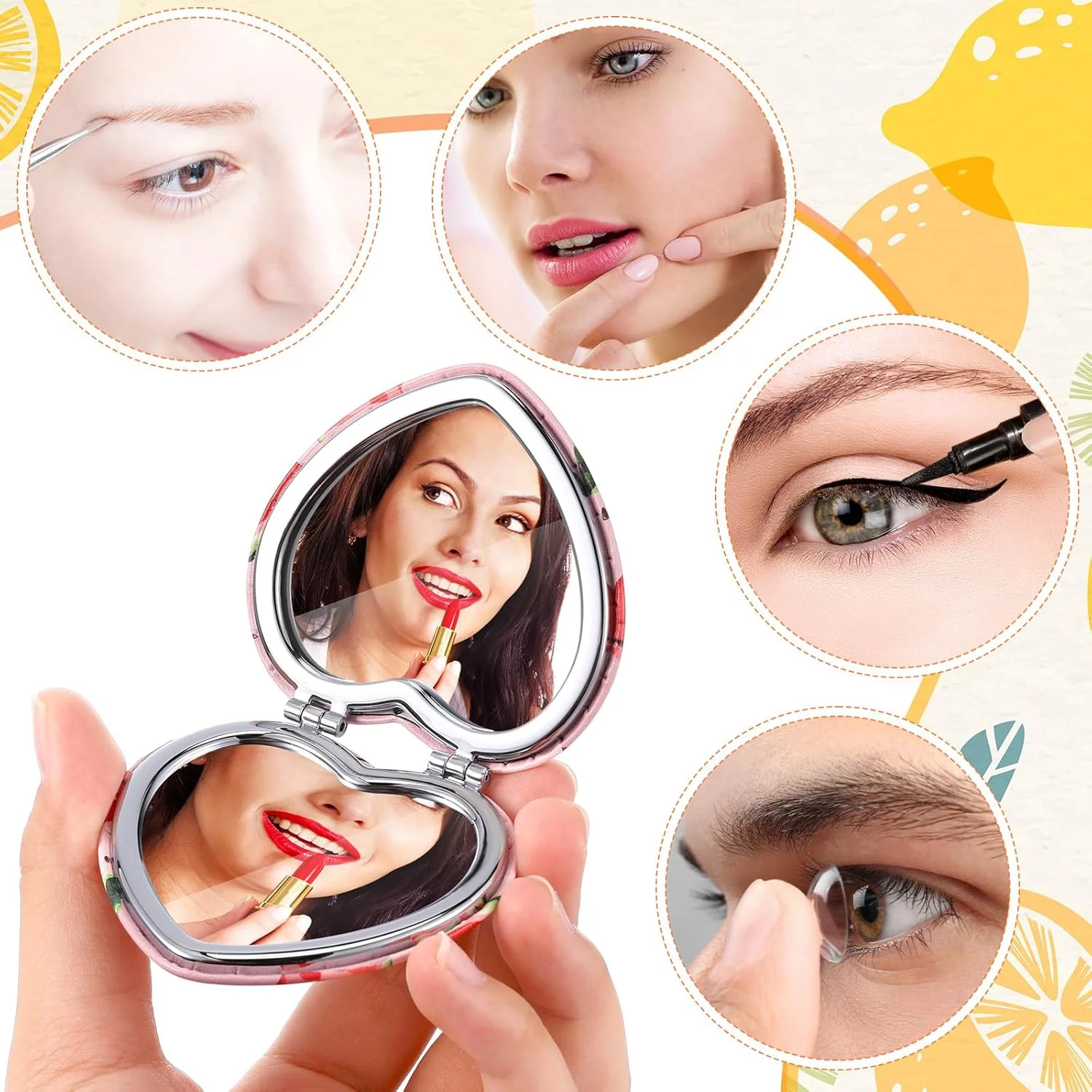 آینه جیبی کوچک Vicenpal، طرح میوه، 6 عددی، آینه آرایشی دو طرفه تاشو با قابلیت بزرگنمایی، چرم PU، مناسب هدیه برای مادر، دختر و کودکان (طرح عشق)