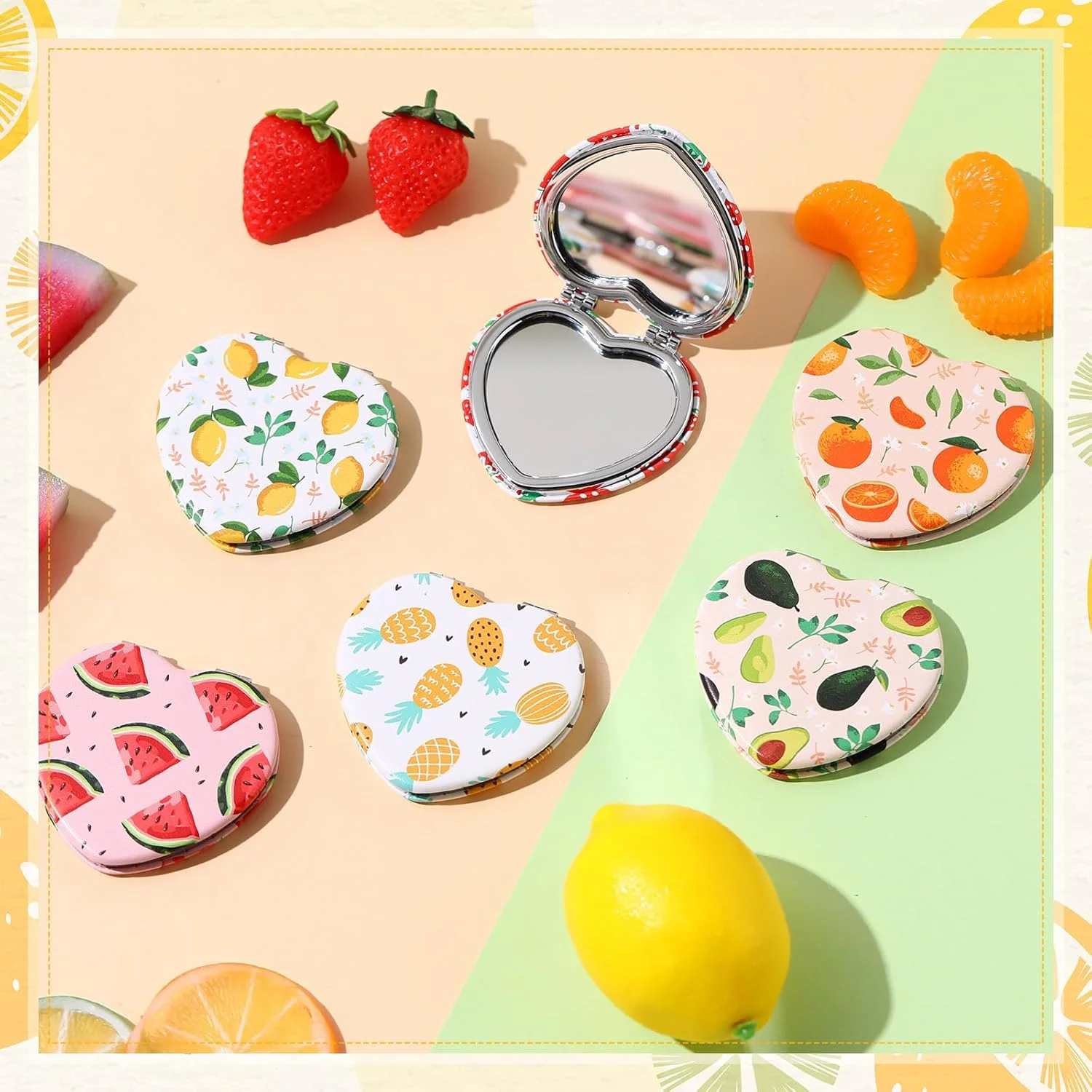 آینه جیبی کوچک Vicenpal، طرح میوه، 6 عددی، آینه آرایشی دو طرفه تاشو با قابلیت بزرگنمایی، چرم PU، مناسب هدیه برای مادر، دختر و کودکان (طرح عشق)
