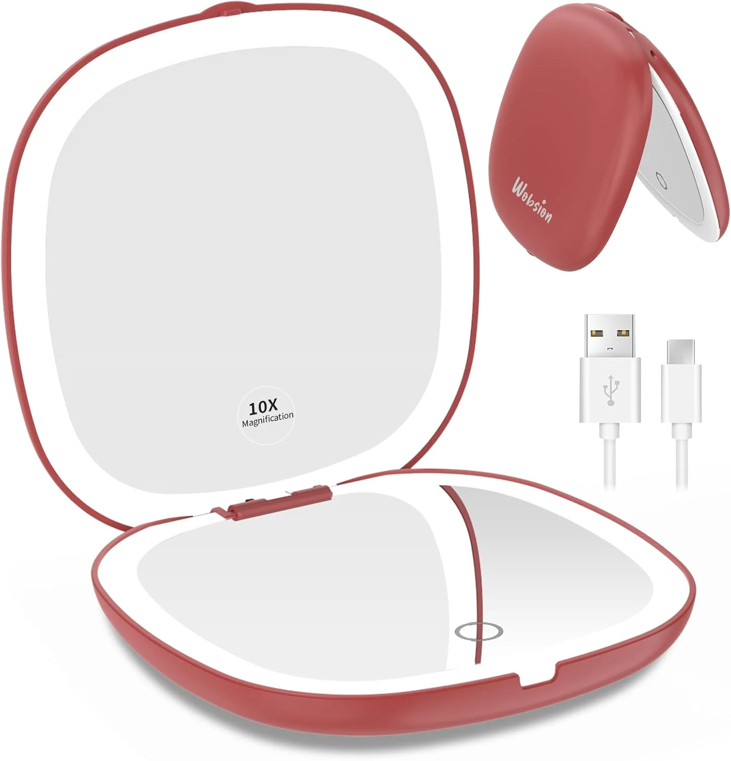 آینه آرایشی مسافرتی چراغ دار WOBSION، آینه جیبی 1x/10x بزرگنمایی برای کیف دستی، آینه های جیبی قابل شارژ 10 سانتی متری، آینه های LED دو طرفه با نور قابل تنظیم، دستی، هدیه برای زنان، قرمز