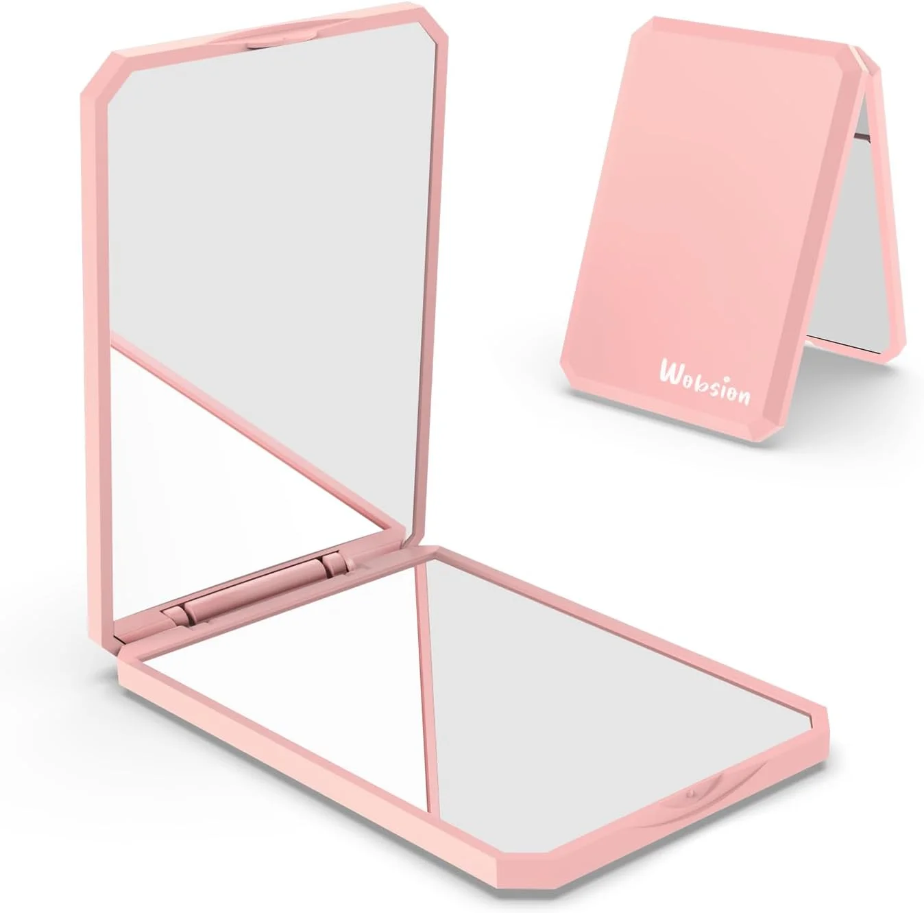 آینه جیبی کوچک و جمع و جور wobsion، آینه مسافرتی بزرگنمایی 1x/2x، آینه تاشو دو طرفه قابل حمل، آینه آرایشی کوچک برای کیف پول، جیب، هدیه، مربعی (صورتی)