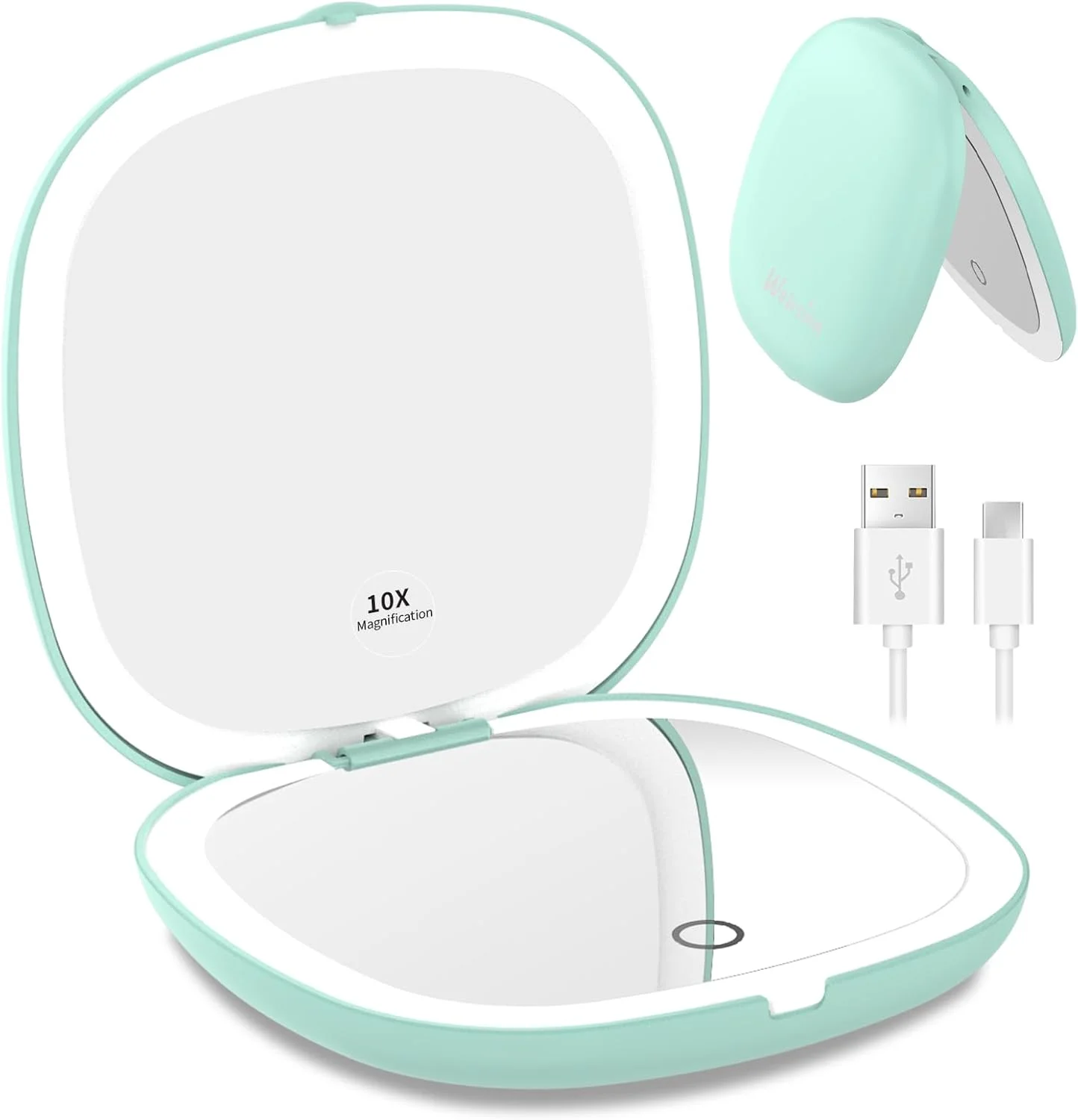 آینه مسافرتی چراغ دار Wobsion، آینه بزرگنمایی جمع و جور 1X/10X قابل شارژ، آینه جیبی دیمر دار، آینه دو طرفه دستی با چراغ، اندازه مسافرتی 4 اینچی برای کیف دستی، کیف، هدیه، آبی فیروزه ای