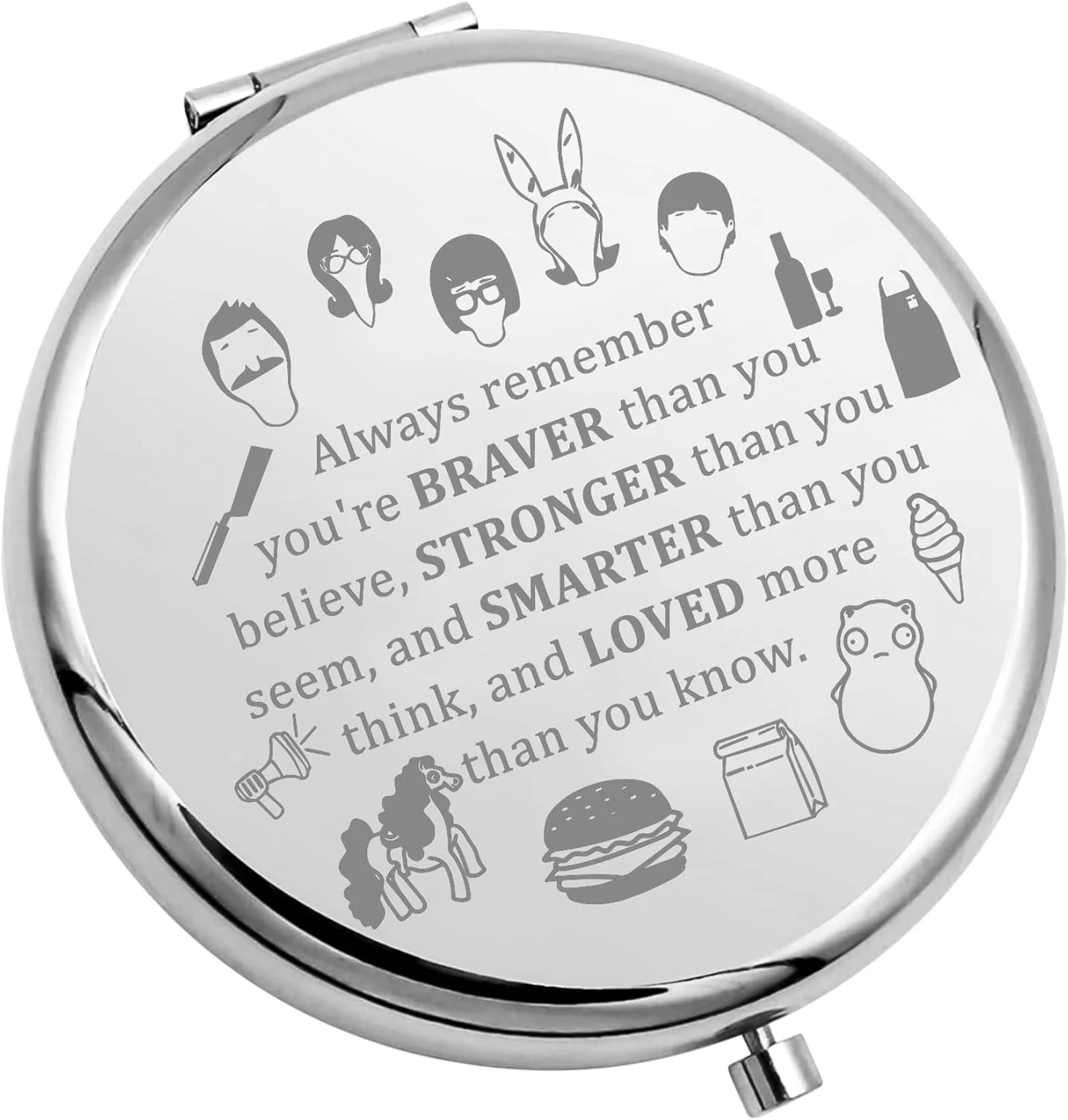 آینه آرایشی جیبی جمع و جور WSNANG با الهام از برگر، هدیه ای برای طرفداران خانواده بلچر، هدیه ای برای طرفداران برگر، کالاهای نمایش تلویزیونی باب برای زنان (آینه باب - استیل)