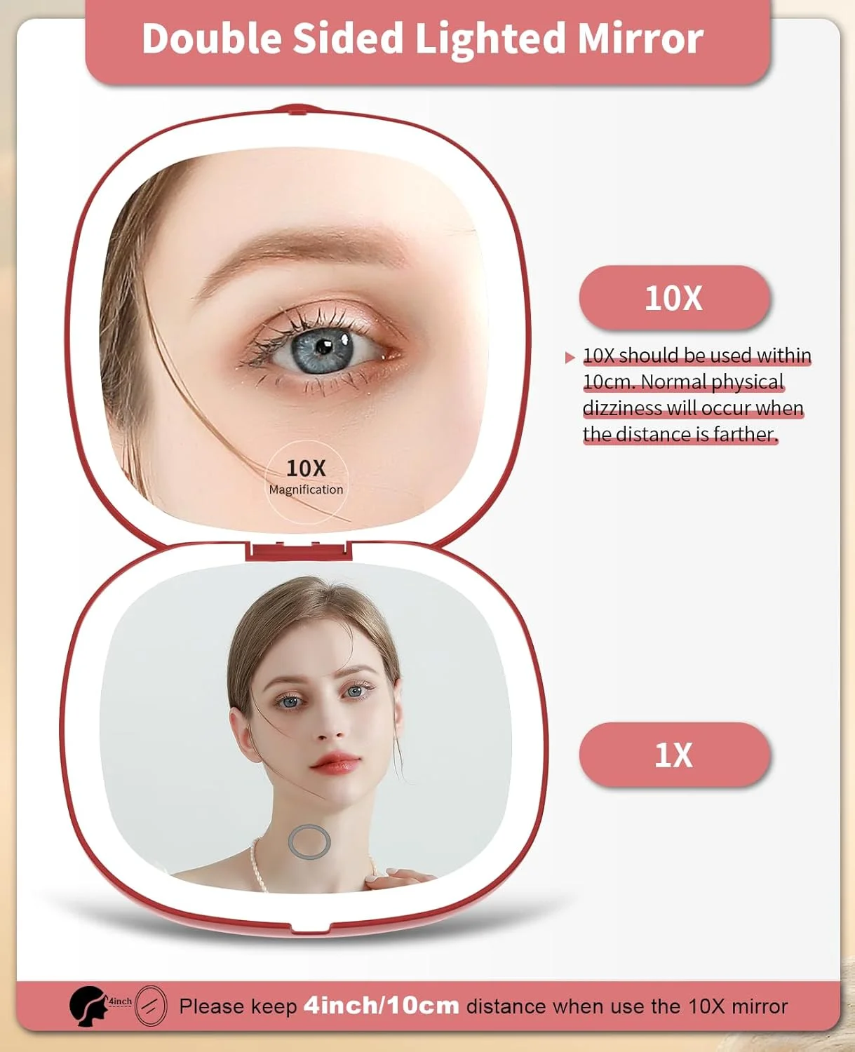 آینه آرایشی مسافرتی چراغ دار WOBSION، آینه جیبی 1x/10x بزرگنمایی برای کیف دستی، آینه های جیبی قابل شارژ 10 سانتی متری، آینه های LED دو طرفه با نور قابل تنظیم، دستی، هدیه برای زنان، قرمز