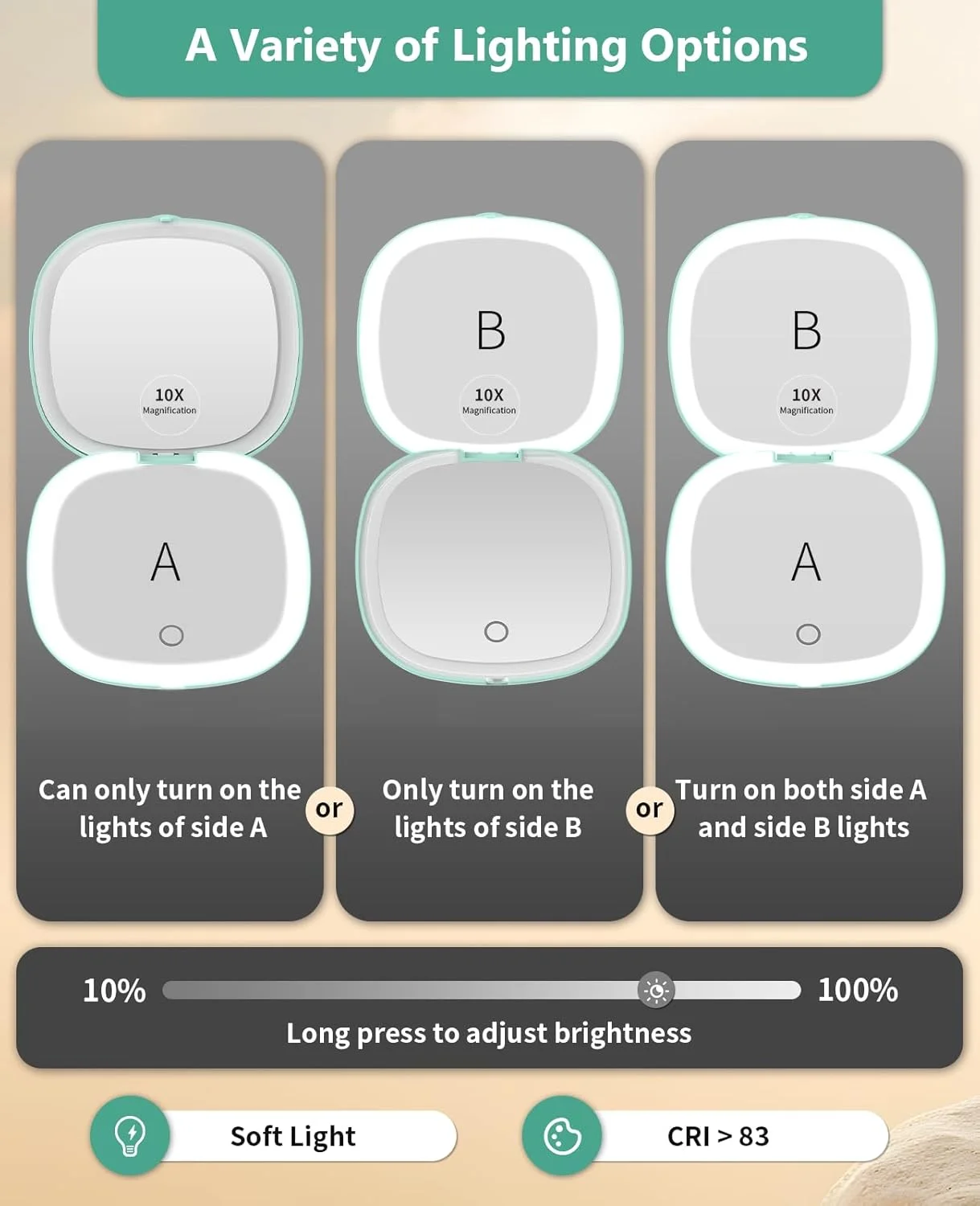 آینه مسافرتی چراغ دار Wobsion، آینه بزرگنمایی جمع و جور 1X/10X قابل شارژ، آینه جیبی دیمر دار، آینه دو طرفه دستی با چراغ، اندازه مسافرتی 4 اینچی برای کیف دستی، کیف، هدیه، آبی فیروزه ای آینه مسافرتی چراغ دار Wobsion، آینه بزرگنمایی جمع و جور 1X/10X قابل شارژ، آینه جیبی دیمر دار، آینه دو طرفه دستی با چراغ، اندازه مسافرتی 4 اینچی برای کیف دستی، کیف، هدیه، آبی فیروزه ای