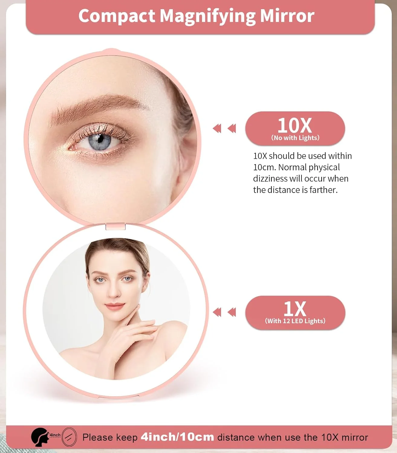 آینه آرایشی فشرده Wobsion با نور، آینه مسافرتی با بزرگنمایی 1x/10x، آینه دستی دو طرفه، آینه فشرده برای کیف پول، آینه جیبی کوچک 3.5 اینچی برای کیف دستی، کیف پول، جیب، گرد، صورتی
