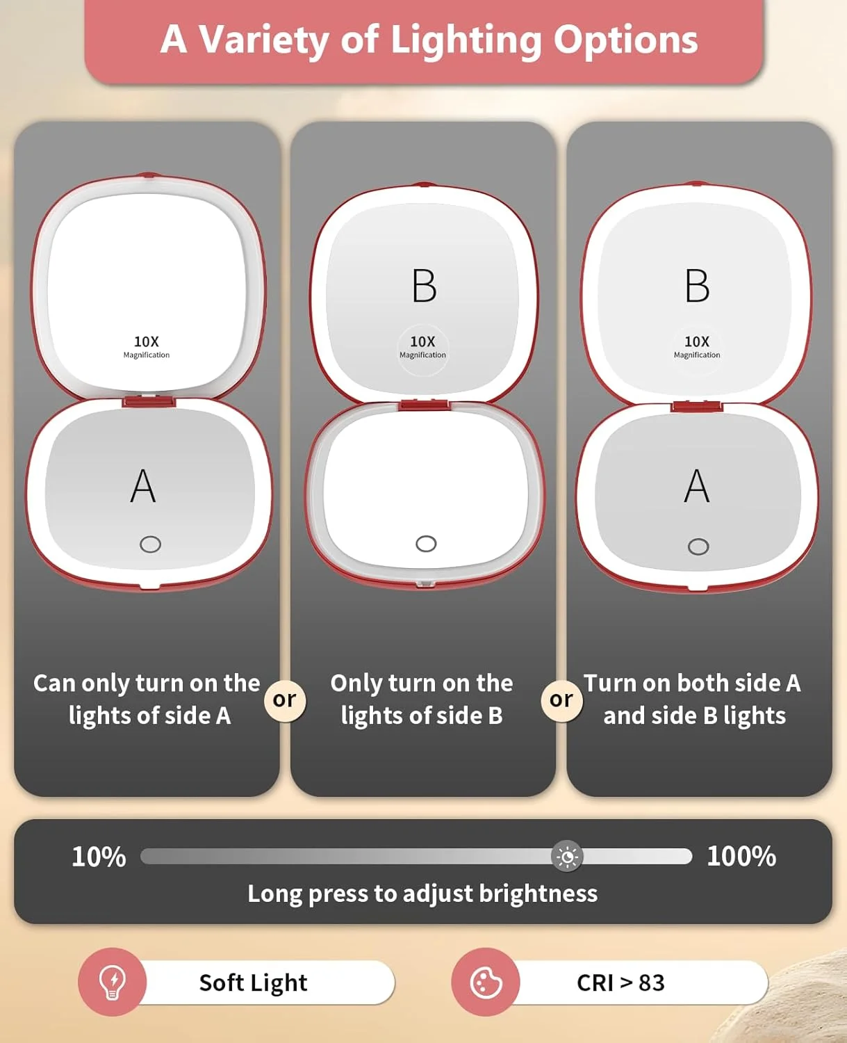آینه آرایشی مسافرتی چراغ دار WOBSION، آینه جیبی 1x/10x بزرگنمایی برای کیف دستی، آینه های جیبی قابل شارژ 10 سانتی متری، آینه های LED دو طرفه با نور قابل تنظیم، دستی، هدیه برای زنان، قرمز