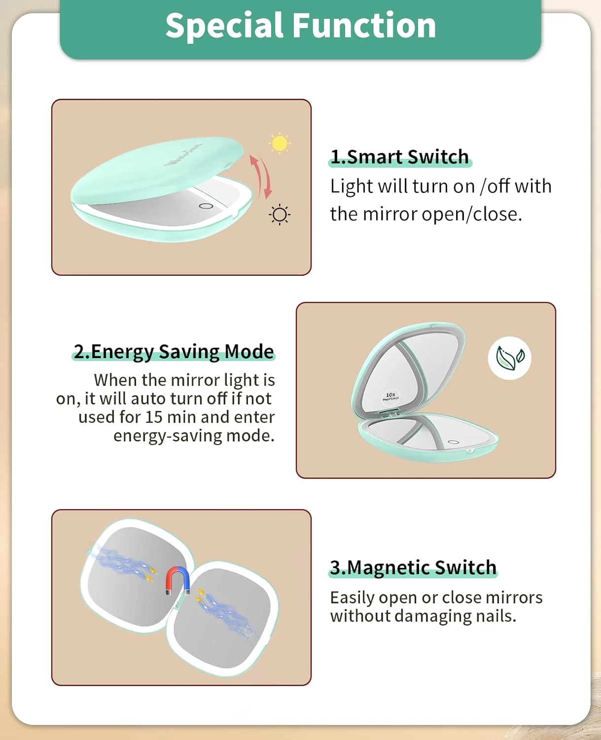 آینه مسافرتی چراغ دار Wobsion، آینه بزرگنمایی جمع و جور 1X/10X قابل شارژ، آینه جیبی دیمر دار، آینه دو طرفه دستی با چراغ، اندازه مسافرتی 4 اینچی برای کیف دستی، کیف، هدیه، آبی فیروزه ای آینه مسافرتی چراغ دار Wobsion، آینه بزرگنمایی جمع و جور 1X/10X قابل شارژ، آینه جیبی دیمر دار، آینه دو طرفه دستی با چراغ، اندازه مسافرتی 4 اینچی برای کیف دستی، کیف، هدیه، آبی فیروزه ای
