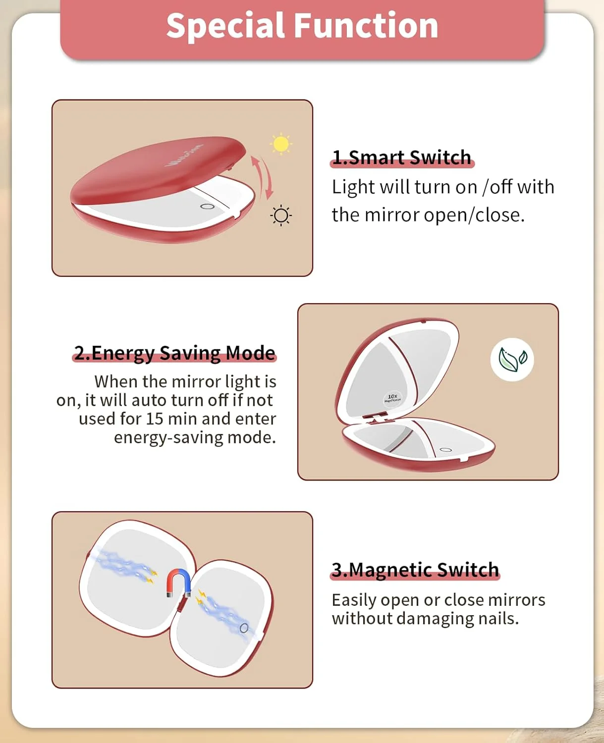 آینه آرایشی مسافرتی چراغ دار WOBSION، آینه جیبی 1x/10x بزرگنمایی برای کیف دستی، آینه های جیبی قابل شارژ 10 سانتی متری، آینه های LED دو طرفه با نور قابل تنظیم، دستی، هدیه برای زنان، قرمز