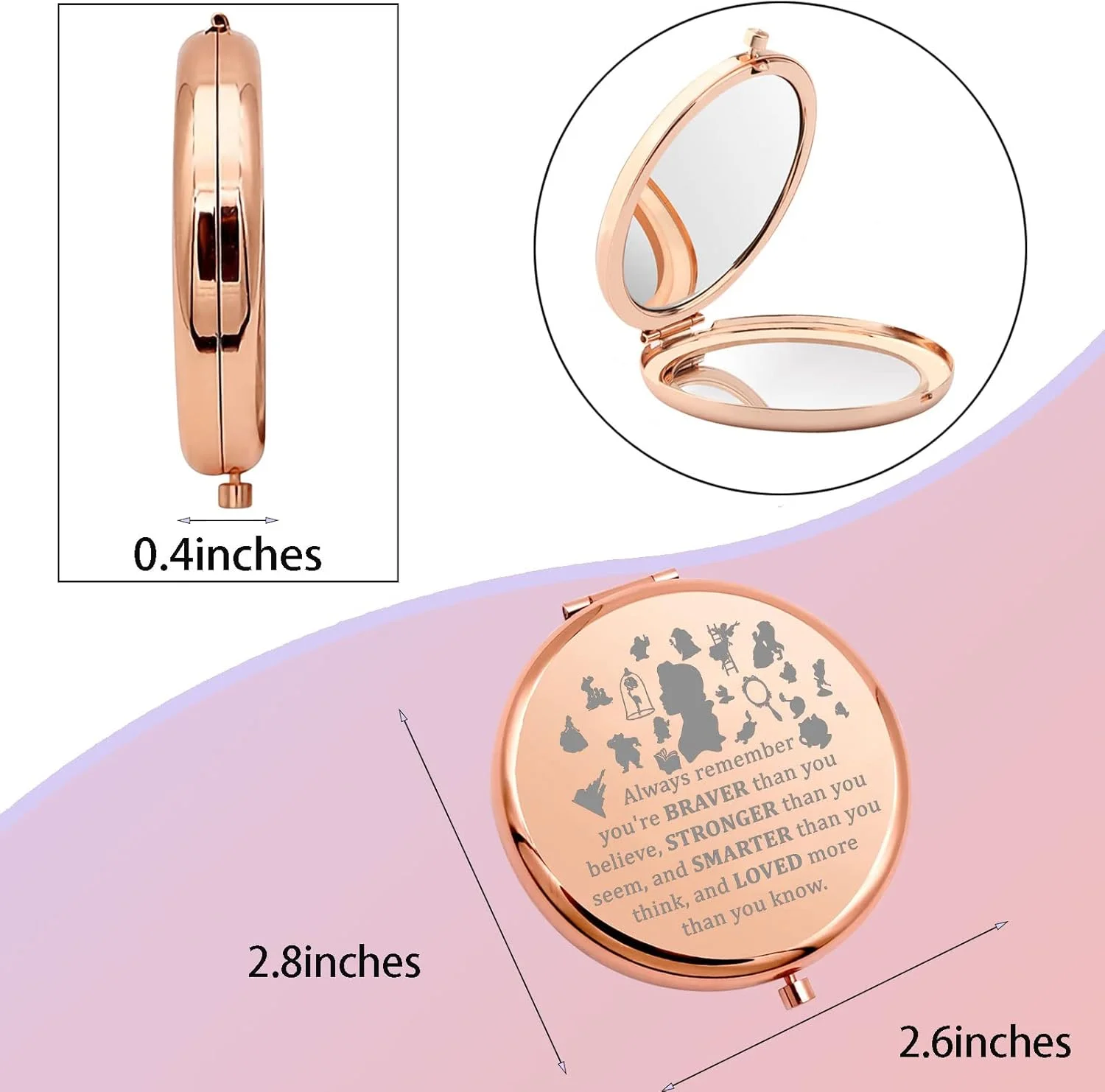 WSNANG آینه آرایشی جیبی مسافرتی جمع و جور پرنسس بل، هدیه ای برای دختران و زنان، با این پیام که تو شجاع تر، قوی تر و باهوش تر از آنی هستی که فکر می کنی (آینه همیشه زیبا - RG)