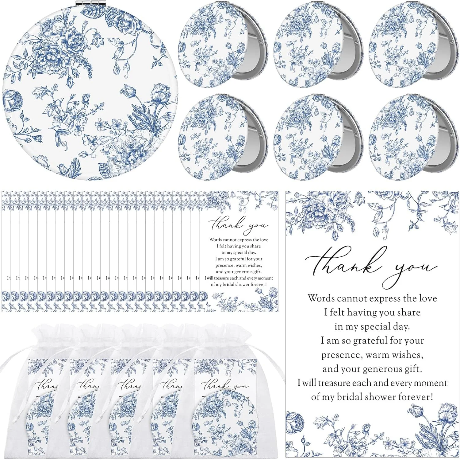 یالیکوپ 24 ست هدیه یادبود جشن عروسی "یه چیزی آبی" برای مهمان، آینه آرایشی تاشو چرمی فشرده با طرح گل، کارت تشکر عمده با کیسه های ارگانزا برای هدیه یادگاری ساقدوش عروس جشن عروسی