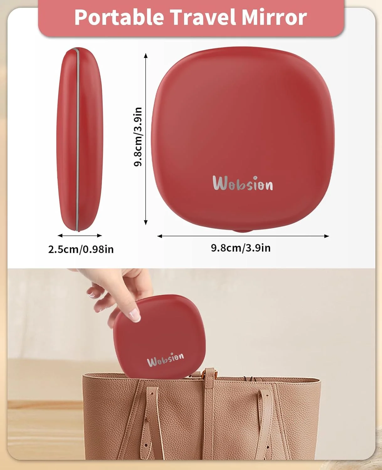 آینه آرایشی مسافرتی چراغ دار WOBSION، آینه جیبی 1x/10x بزرگنمایی برای کیف دستی، آینه های جیبی قابل شارژ 10 سانتی متری، آینه های LED دو طرفه با نور قابل تنظیم، دستی، هدیه برای زنان، قرمز