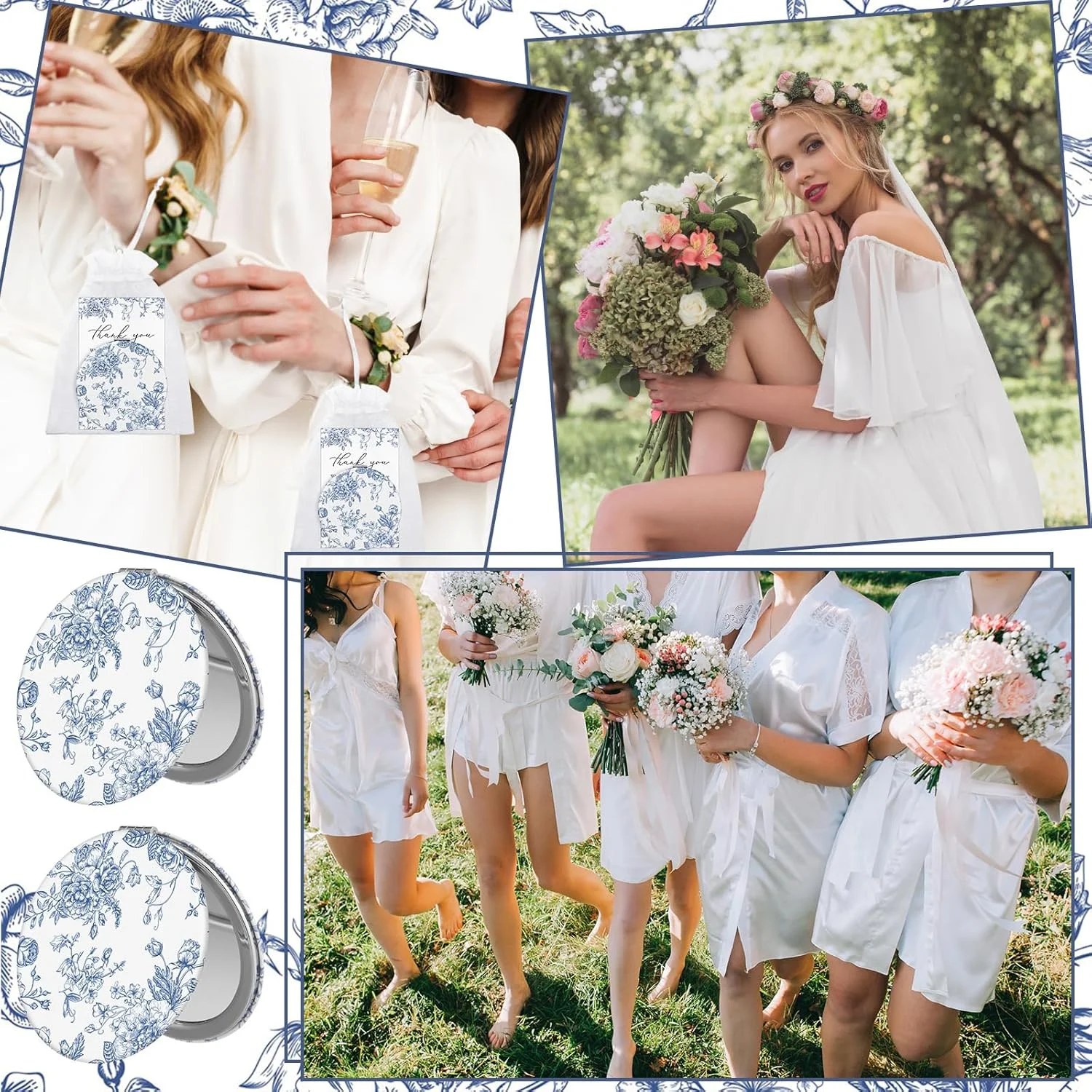 یالیکوپ 24 ست هدیه یادبود جشن عروسی "یه چیزی آبی" برای مهمان، آینه آرایشی تاشو چرمی فشرده با طرح گل، کارت تشکر عمده با کیسه های ارگانزا برای هدیه یادگاری ساقدوش عروس جشن عروسی