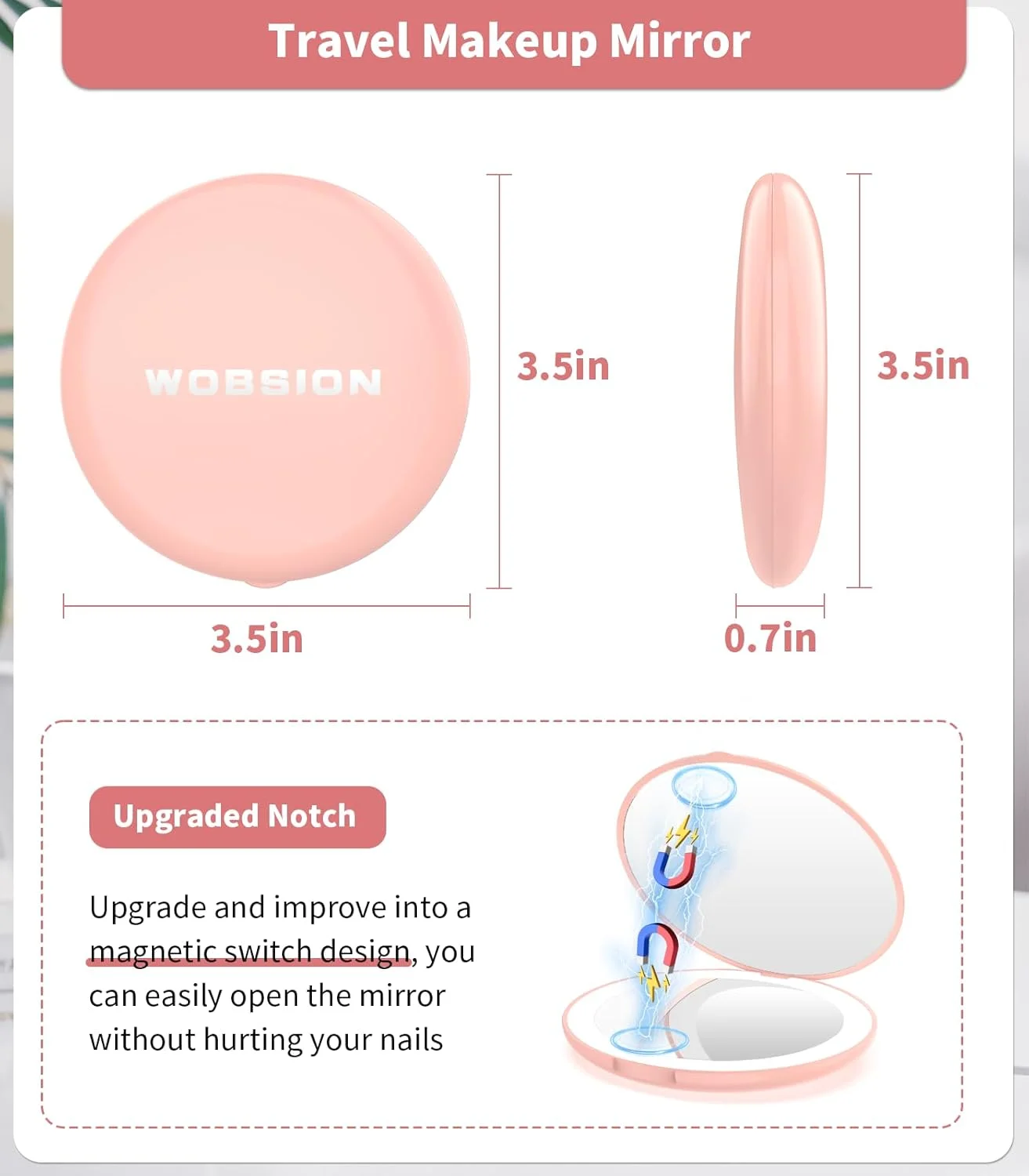 آینه آرایشی فشرده Wobsion با نور، آینه مسافرتی با بزرگنمایی 1x/10x، آینه دستی دو طرفه، آینه فشرده برای کیف پول، آینه جیبی کوچک 3.5 اینچی برای کیف دستی، کیف پول، جیب، گرد، صورتی
