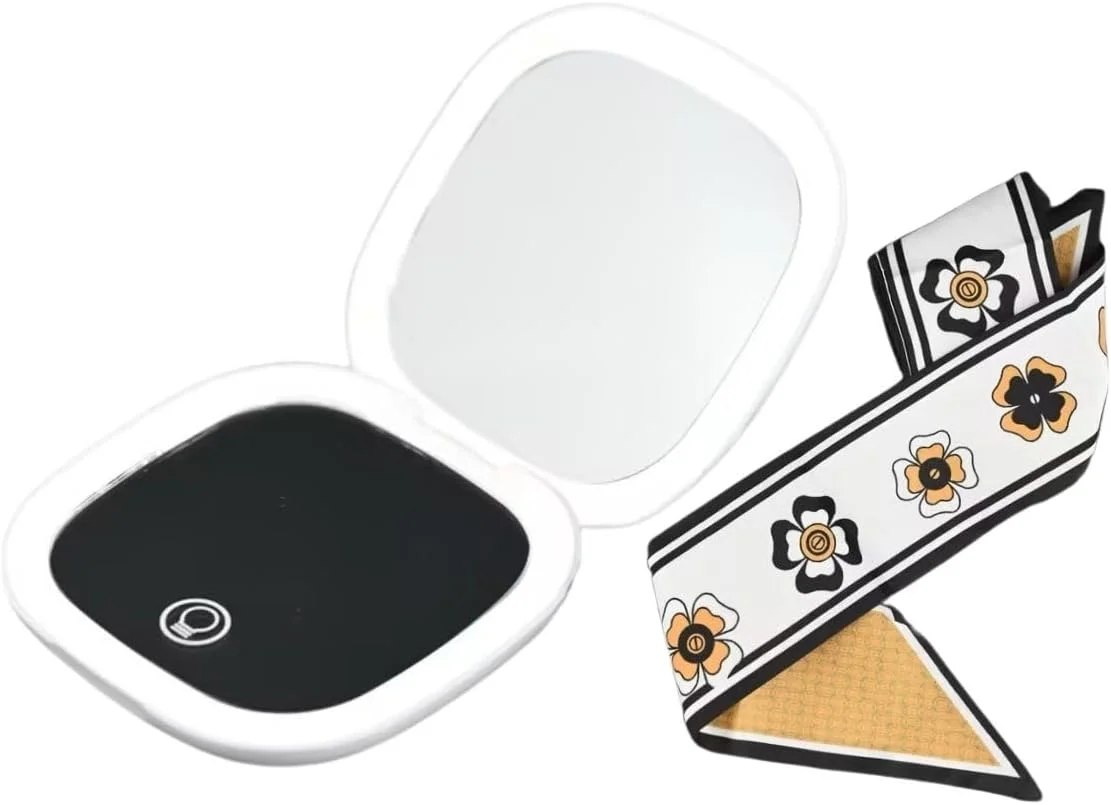 آینه آرایشی چراغ دار YABAHU - آینه جیبی LED دو طرفه سفید، آینه مسافرتی بزرگنمایی 1X/5X، 3 حالت نور، آینه دستی قابل شارژ برای آرایش، پیرایش و هدیه