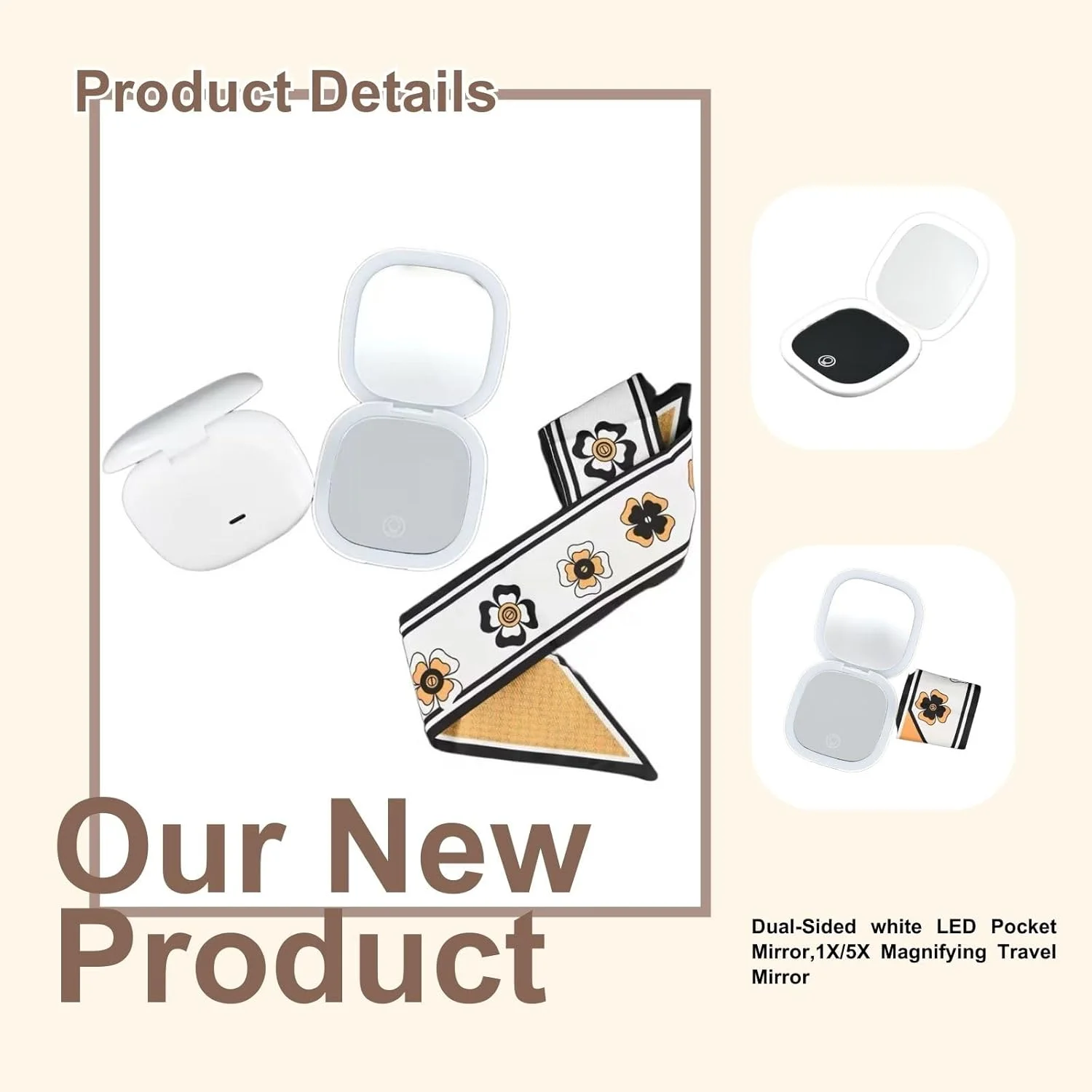 آینه آرایشی چراغ دار YABAHU - آینه جیبی LED دو طرفه سفید، آینه مسافرتی بزرگنمایی 1X/5X، 3 حالت نور، آینه دستی قابل شارژ برای آرایش، پیرایش و هدیه