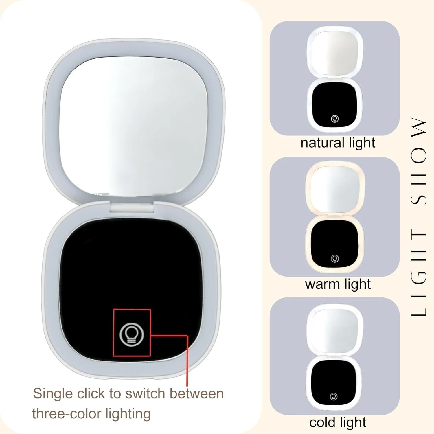 آینه آرایشی چراغ دار YABAHU - آینه جیبی LED دو طرفه سفید، آینه مسافرتی بزرگنمایی 1X/5X، 3 حالت نور، آینه دستی قابل شارژ برای آرایش، پیرایش و هدیه