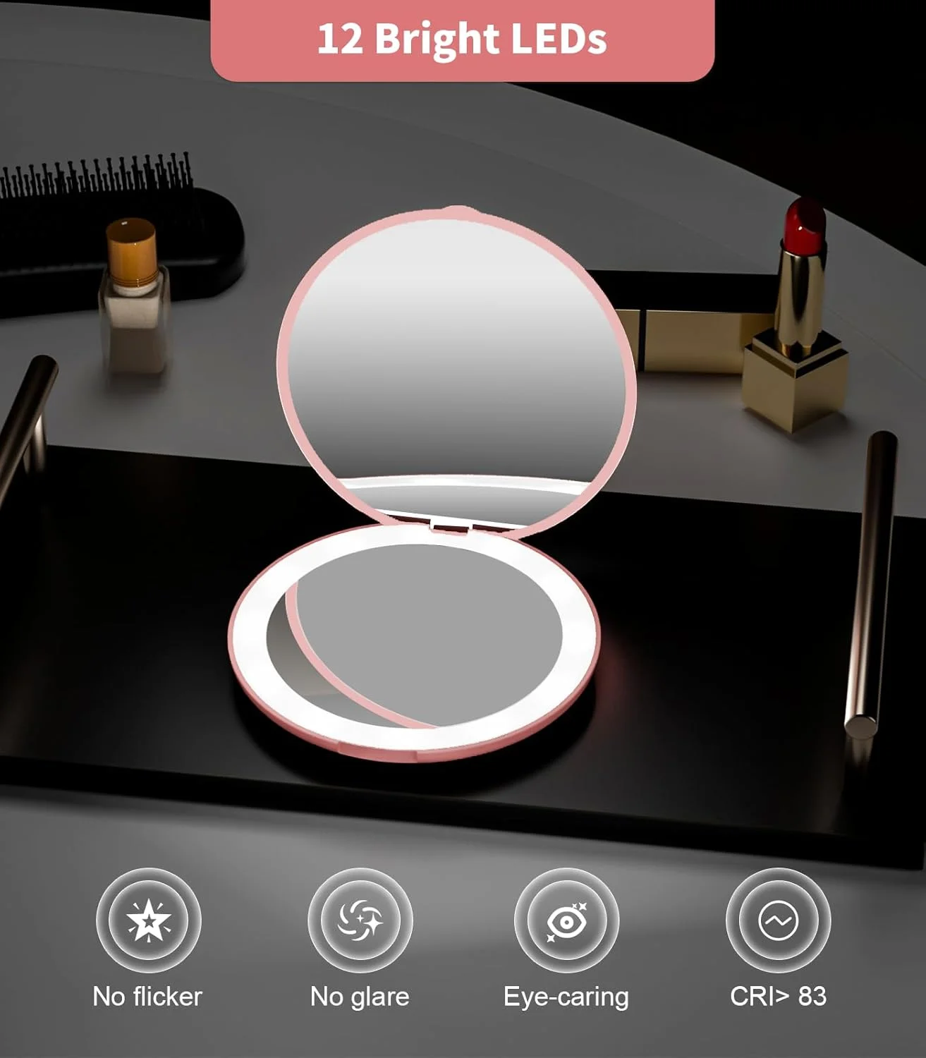 آینه آرایشی فشرده Wobsion با نور، آینه مسافرتی با بزرگنمایی 1x/10x، آینه دستی دو طرفه، آینه فشرده برای کیف پول، آینه جیبی کوچک 3.5 اینچی برای کیف دستی، کیف پول، جیب، گرد، صورتی