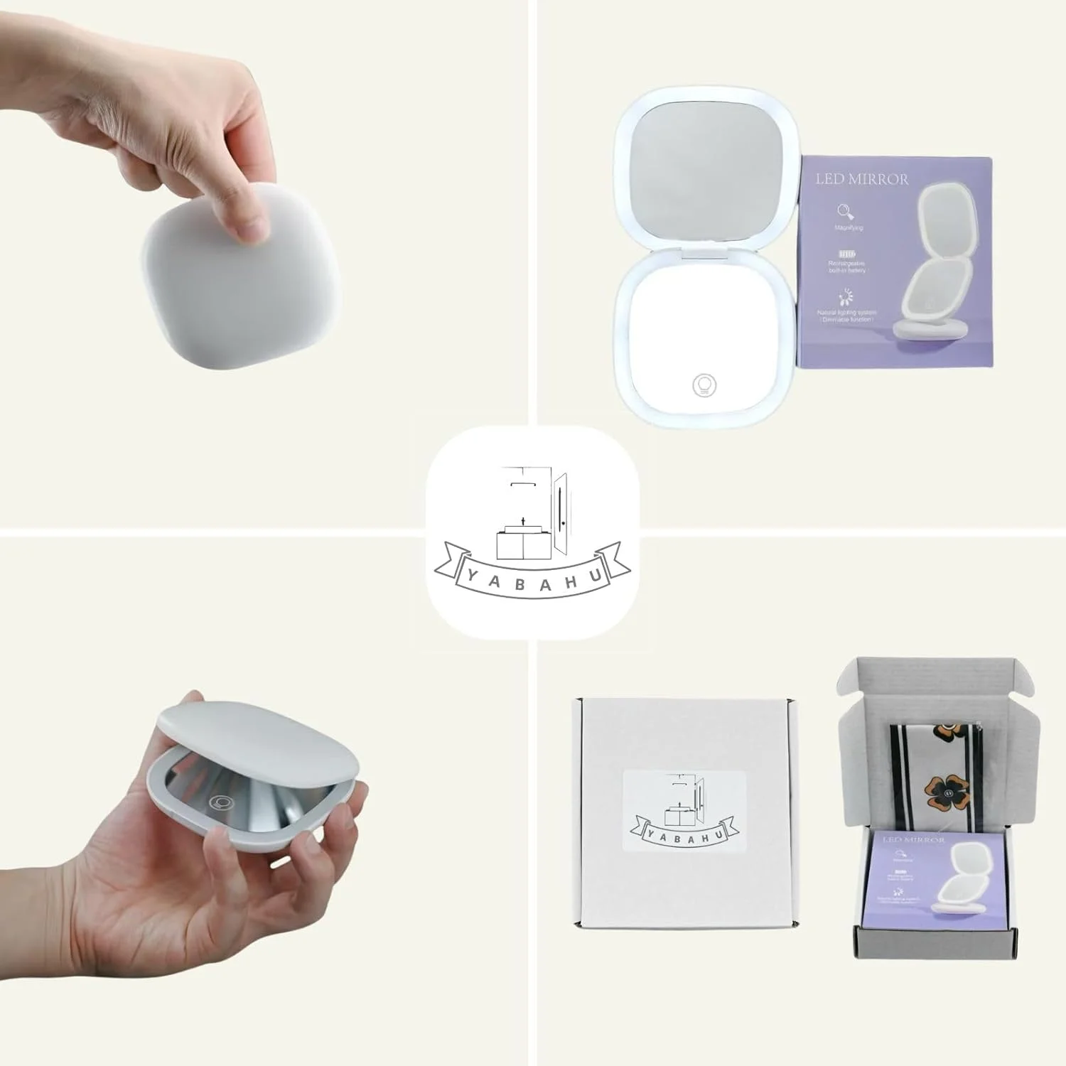 آینه آرایشی چراغ دار YABAHU - آینه جیبی LED دو طرفه سفید، آینه مسافرتی بزرگنمایی 1X/5X، 3 حالت نور، آینه دستی قابل شارژ برای آرایش، پیرایش و هدیه