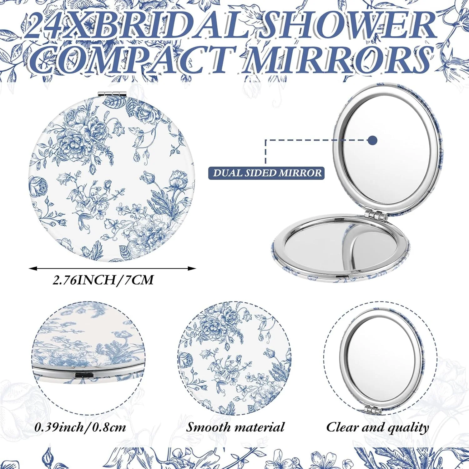 یالیکوپ 24 ست هدیه یادبود جشن عروسی "یه چیزی آبی" برای مهمان، آینه آرایشی تاشو چرمی فشرده با طرح گل، کارت تشکر عمده با کیسه های ارگانزا برای هدیه یادگاری ساقدوش عروس جشن عروسی