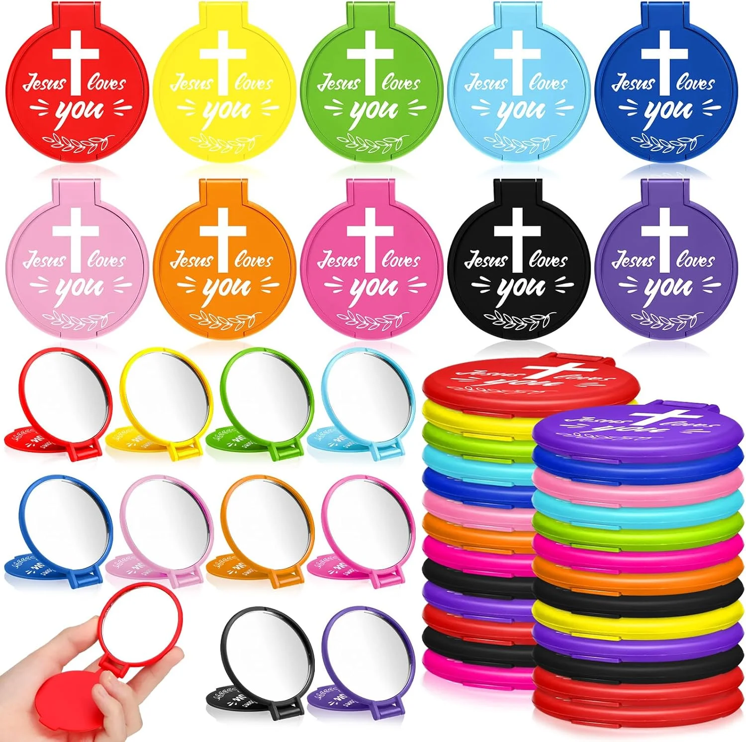 آینه جیبی 80 عددی یرلیکر، آینه آرایشی گرد، آینه شیشه ای قابل حمل، آینه آرایشی مسافرتی کوچک، آینه تاشو مینی برای زنان، همکاران، دوستان، هدیه مسافرتی کریسمس (عیسی تو را دوست دارد)