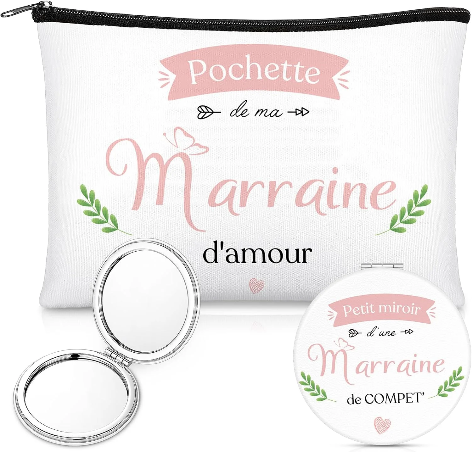 Xuniea دو تکه هدیه برای مادرخوانده، کیف لوازم آرایشی و آینه آرایشی مادرخوانده، آینه جیبی کوچک، کیف لوازم بهداشتی هدیه برای پیشنهاد غسل تعمید تولد کریسمس، سفید، 23 x 16 سانتی متر