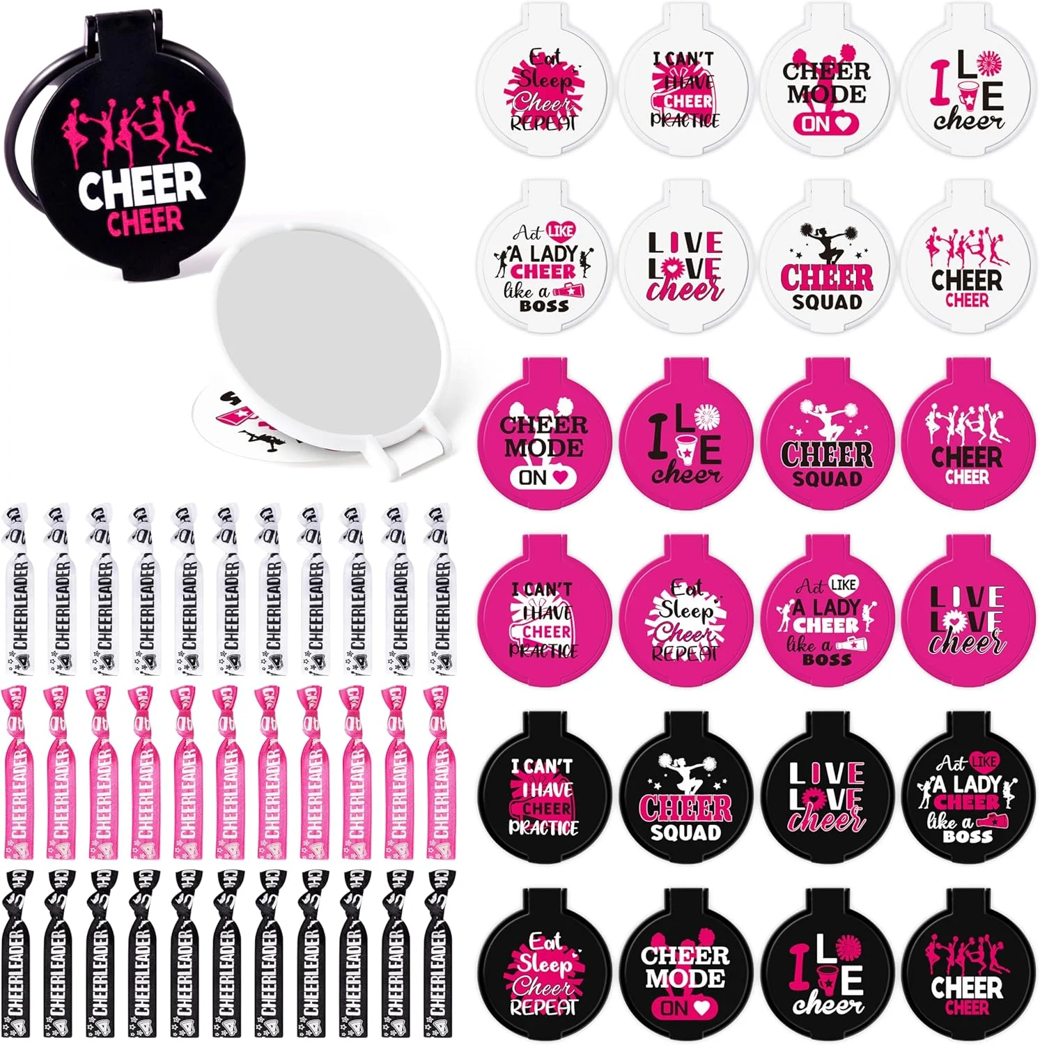 هدبند آینه ای Y1tvei، هدیه تشویق تیمی - 96 عدد آینه های جیبی تاشو کوچک و جمع و جور مشکی، سفید، صورتی با هدبند. لوازم جانبی تیم تشویق، هدیه عمده برای تیم تشویق کننده، هدیه مهمانی تشویق