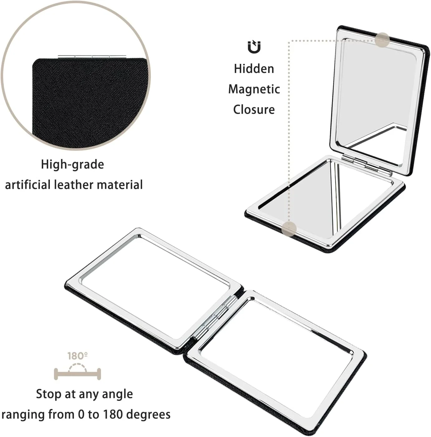 آینه آرایشی جیبی دو طرفه YOLCAR با روکش چرمی، بزرگنمایی 1X/2X، مناسب برای سفر و کیف دستی - مشکی آینه آرایشی جیبی دو طرفه YOLCAR با روکش چرمی، بزرگنمایی 1X/2X، مناسب برای سفر و کیف دستی - مشکی