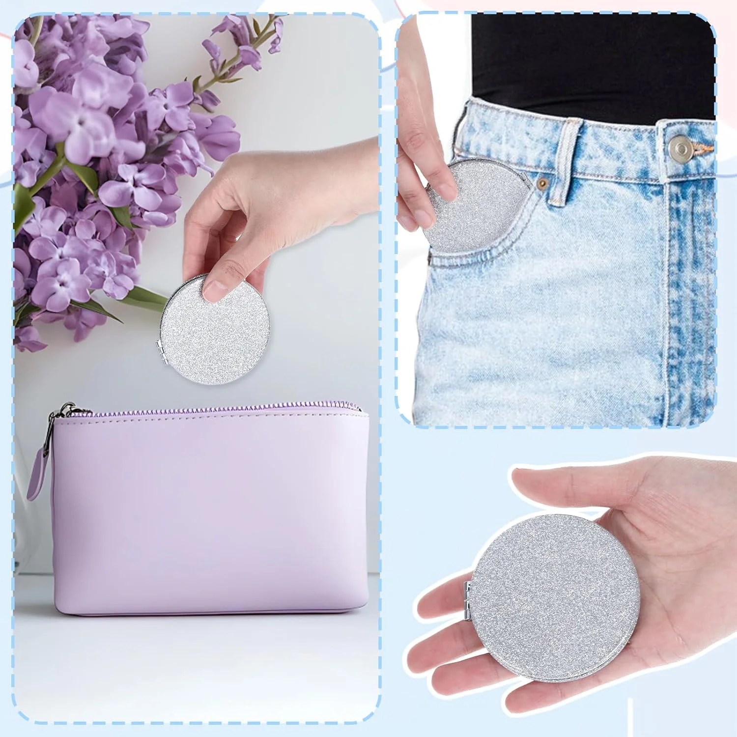 آینه جیبی YQQYG، آینه کوچک کیف دستی، آینه آرایشی جمع و جور برای زنان، آینه های مسافرتی، آینه گرد اکلیلی نقره ای، آینه دو طرفه، آینه دستی تاشو، آینه آرایشی، هدیه برای زنان و دختران