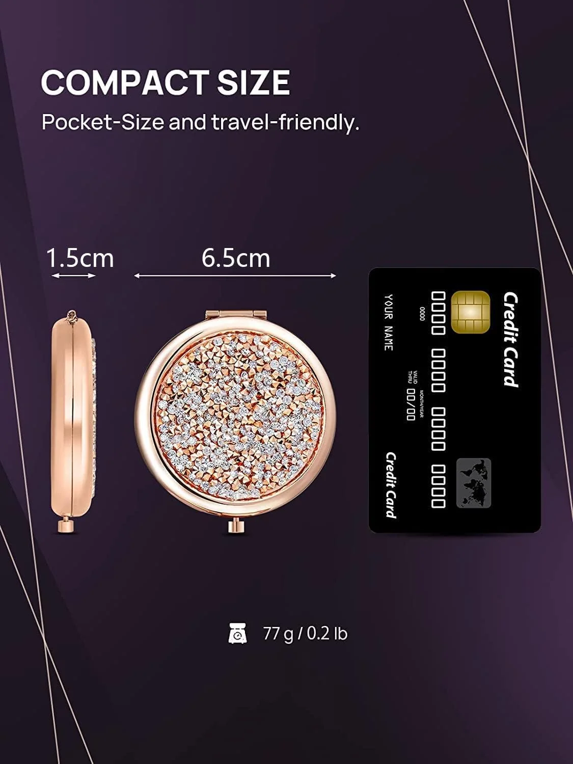 آینه آرایشی جیبی YHRY، آینه مسافرتی کوچک، مینی میکس الماس بزرگنمایی 1X/2X، آینه آرایشی فلزی گرد، آینه تاشو قابل حمل برای مسافرت، خانه، دفتر، کیف (رزگلد)