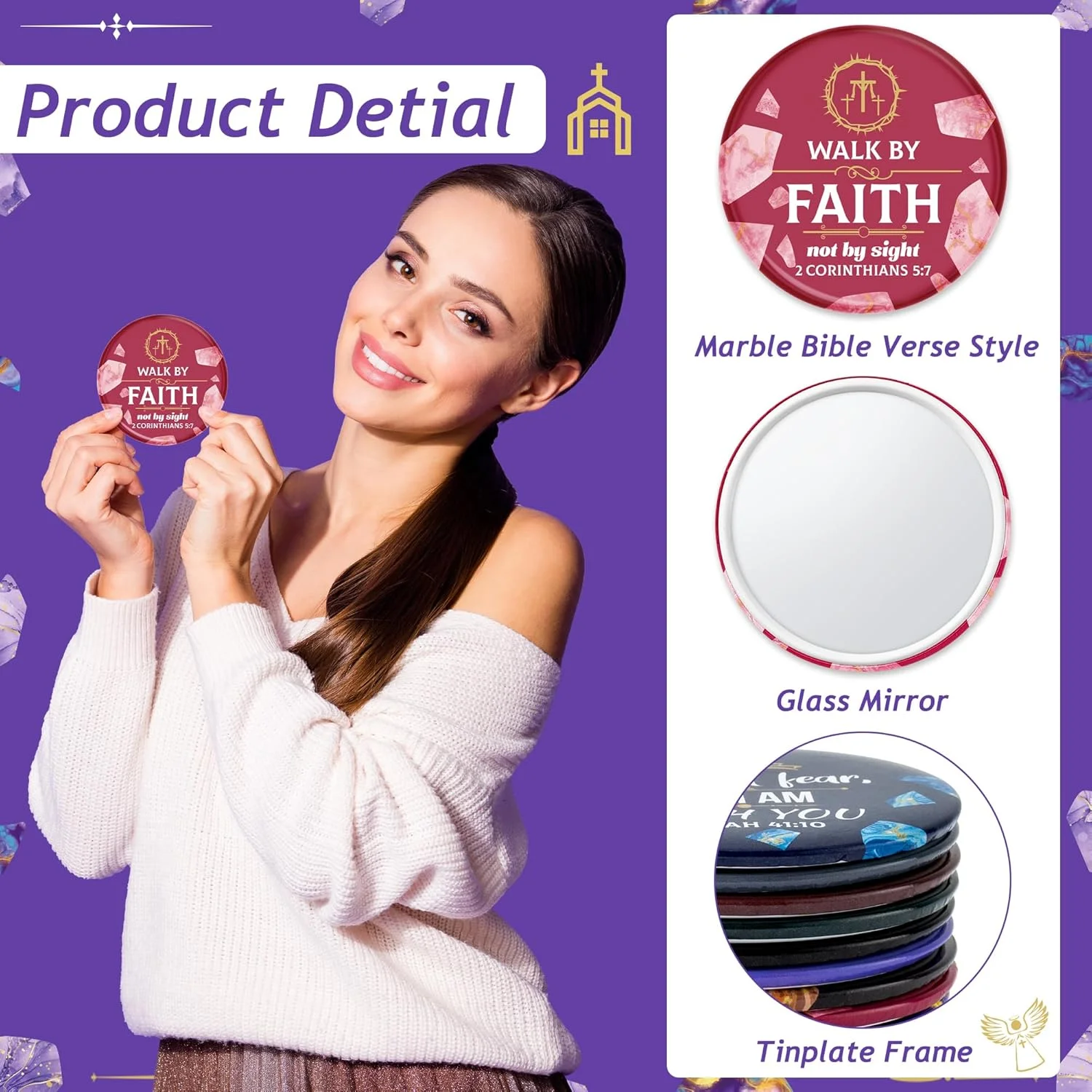 آینه های جیبی کوچک طرح مرمر با آیات کتاب مقدس Y1tvei - بسته 36 عددی، هدیه ای مسیحی برای بانوان