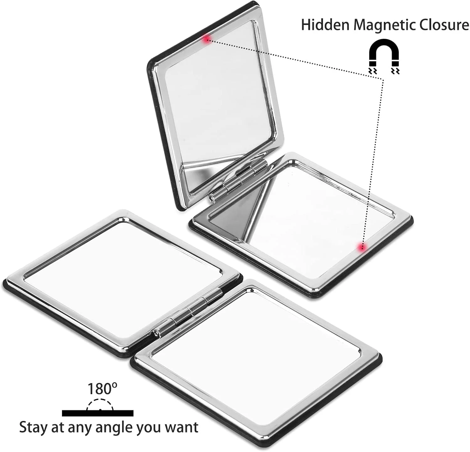 آینه آرایشی جمع و جور YTLX برای کیف دستی، آینه تاشو بزرگنمایی 1x/2x، آینه مسافرتی قابل حمل برای زیبایی، آینه سیاه و شیک برای مردان و زنان