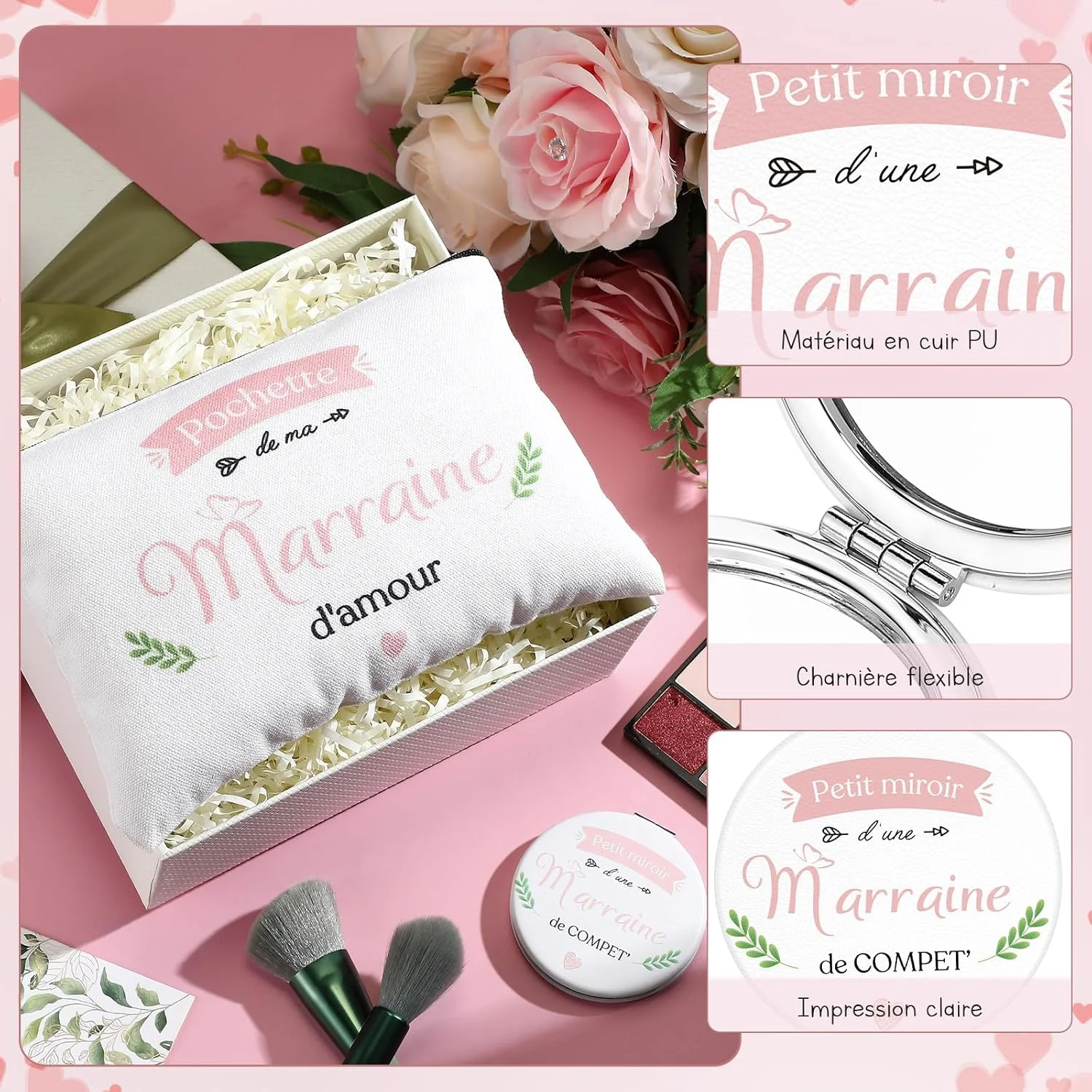 Xuniea دو تکه هدیه برای مادرخوانده، کیف لوازم آرایشی و آینه آرایشی مادرخوانده، آینه جیبی کوچک، کیف لوازم بهداشتی هدیه برای پیشنهاد غسل تعمید تولد کریسمس، سفید، 23 x 16 سانتی متر Xuniea دو تکه هدیه برای مادرخوانده، کیف لوازم آرایشی و آینه آرایشی مادرخوانده، آینه جیبی کوچک، کیف لوازم بهداشتی هدیه برای پیشنهاد غسل تعمید تولد کریسمس، سفید، 23 x 16 سانتی متر