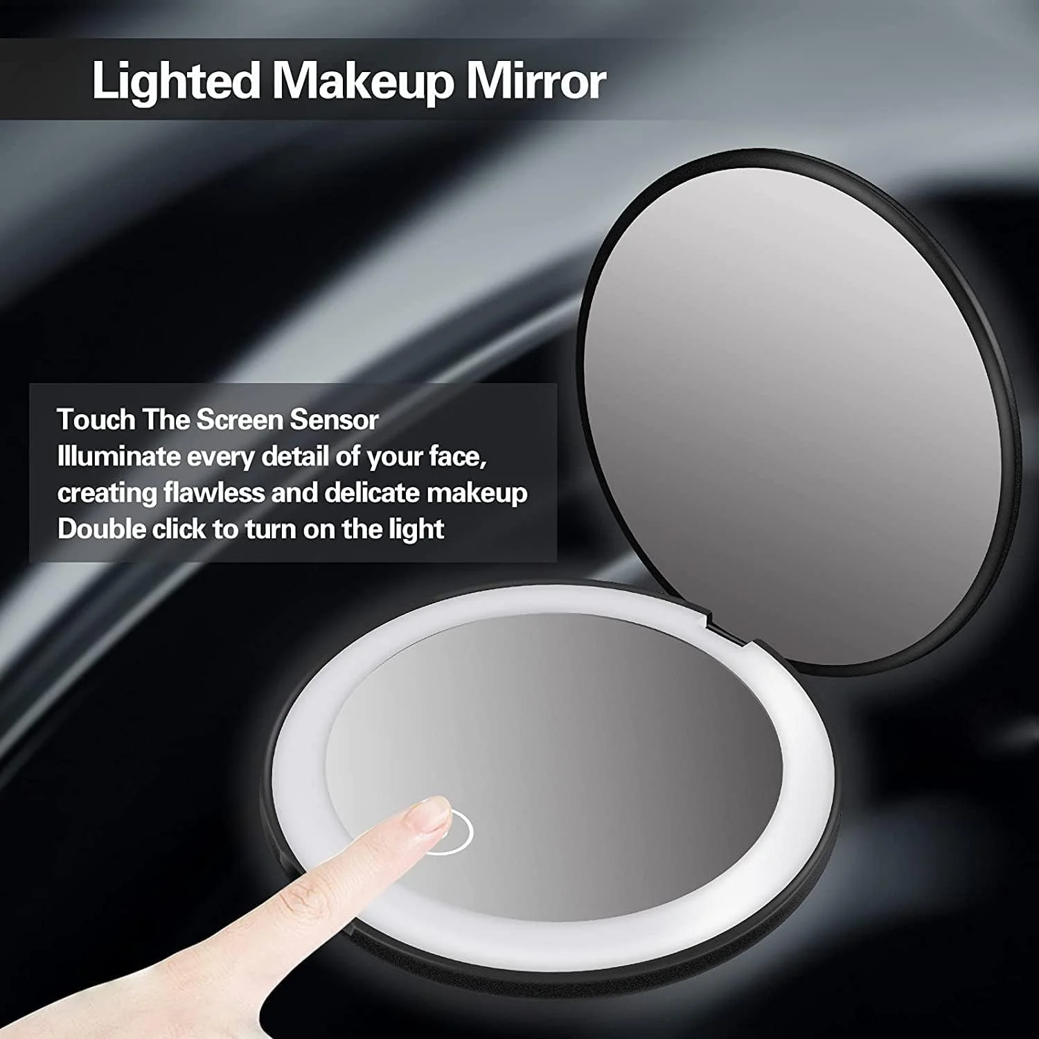 آینه آرایشی فشرده YHRY با نور LED، آینه بزرگنمایی 1X/10X، آینه آرایشی روشن شارژی، روشنایی قابل تنظیم، آینه مسافرتی قابل حمل و جیبی با نور بزرگنمایی