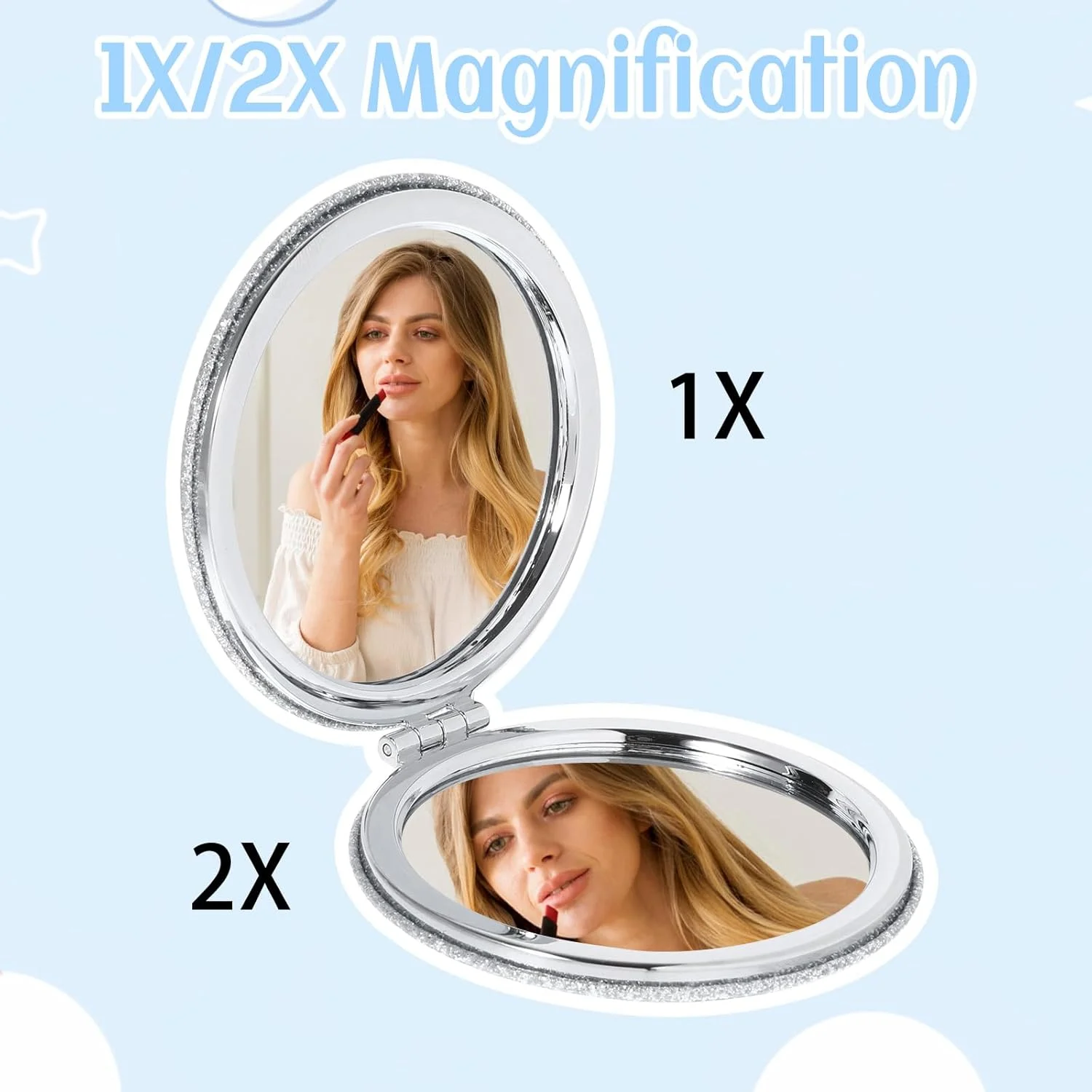 آینه جیبی YQQYG، آینه کوچک کیف دستی، آینه آرایشی جمع و جور برای زنان، آینه های مسافرتی، آینه گرد اکلیلی نقره ای، آینه دو طرفه، آینه دستی تاشو، آینه آرایشی، هدیه برای زنان و دختران