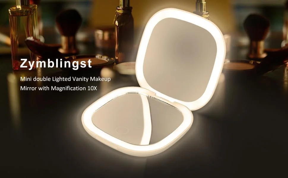 آینه آرایشی جیبی بزرگنمایی دار LED Zymblingst، معمولی و 10 برابر | آینه کیف دستی قابل حمل و جمع و جور با نور LED طبیعی، قابل تنظیم با USB آینه آرایشی جیبی بزرگنمایی دار LED Zymblingst، معمولی و 10 برابر | آینه کیف دستی قابل حمل و جمع و جور با نور LED طبیعی، قابل تنظیم با USB