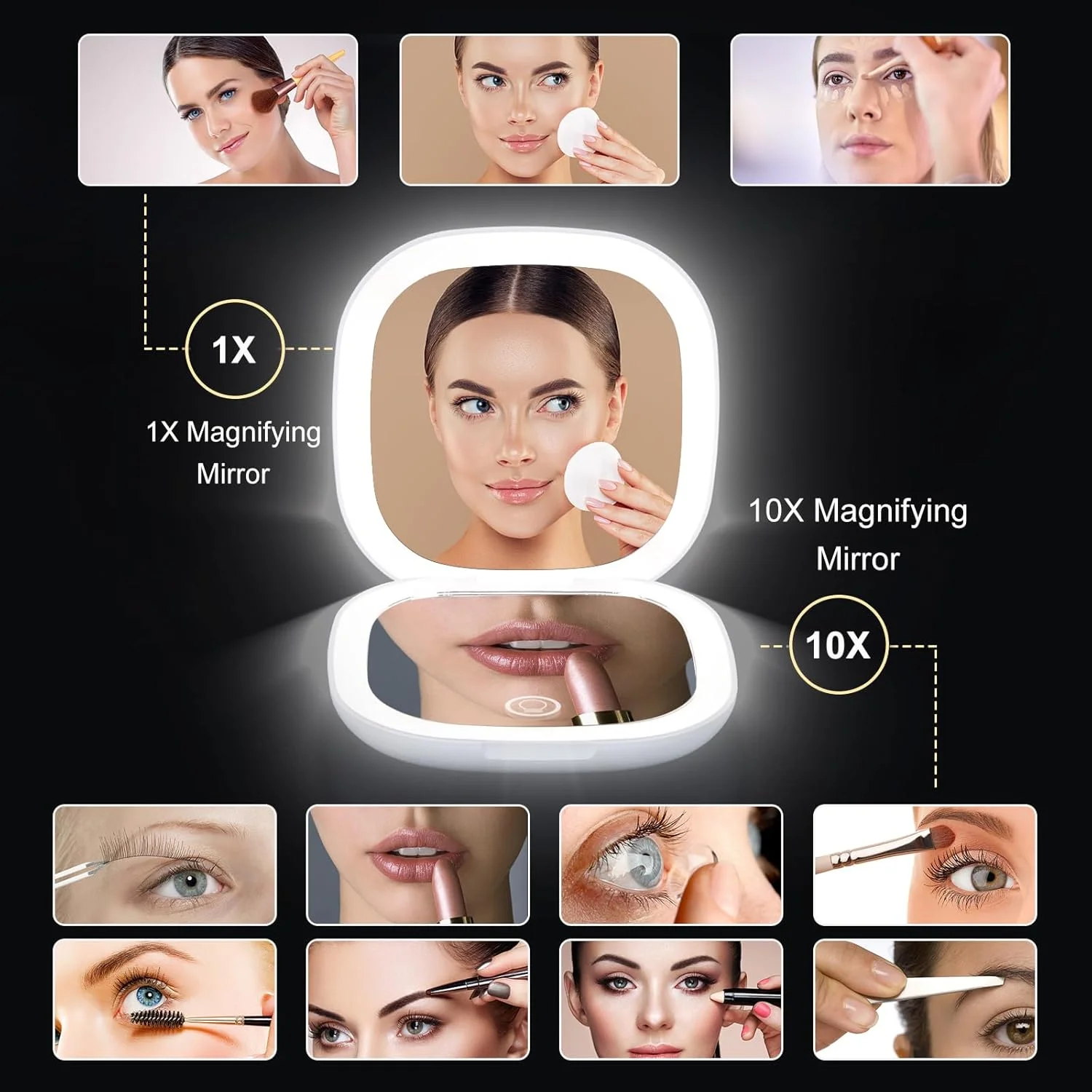 آینه آرایشی جیبی بزرگنمایی دار LED Zymblingst، معمولی و 10 برابر | آینه کیف دستی قابل حمل و جمع و جور با نور LED طبیعی، قابل تنظیم با USB آینه آرایشی جیبی بزرگنمایی دار LED Zymblingst، معمولی و 10 برابر | آینه کیف دستی قابل حمل و جمع و جور با نور LED طبیعی، قابل تنظیم با USB