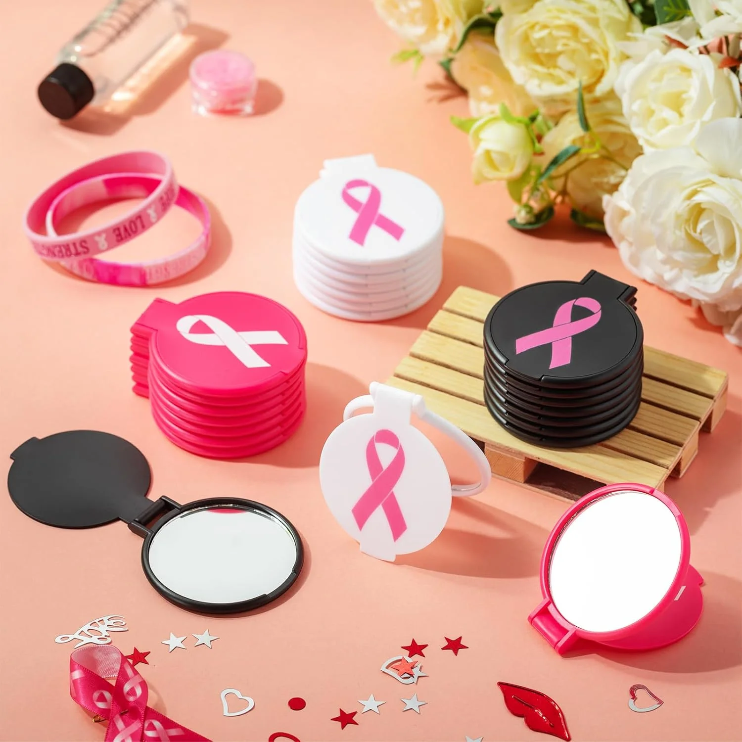 آینه های جیبی کوچک فشاری یالی کوپ، 24 عددی، برای آگاهی از سرطان سینه، آینه آرایشی کوچک تاشو قابل حمل، هدیه لوازم جانبی آگاهی از سرطان سینه برای زنان و دوستان