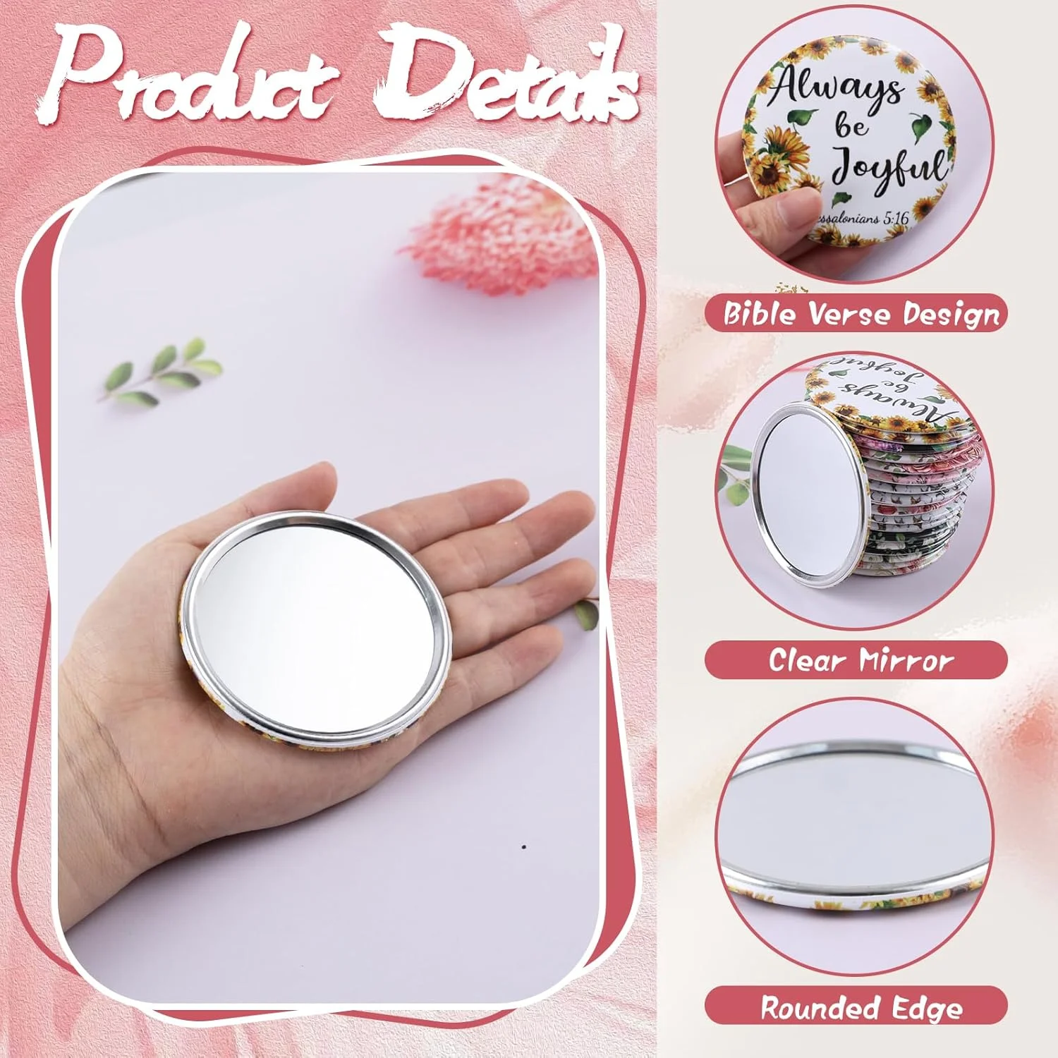 آینه جیبی کوچک مسیحی YLOLUL، 36 عدد، هدیه مسیحی، عمده، طرح گلدار، آیه های کتاب مقدس، آینه های جیبی کوچک، هدایای مذهبی، آینه قابل حمل الهام بخش برای زنان، همکاران، هدایای مهمانی کلیسا