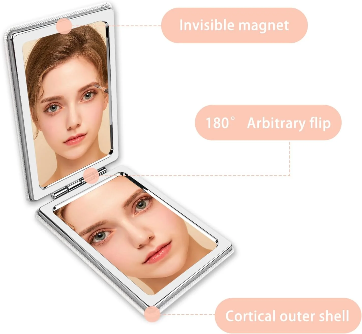 آینه آرایشی قابل حمل YOLCAR با روکش چرمی، آینه جیبی کوچک دو طرفه چرم PU با بزرگنمایی 1X/2X، قابل حمل برای زنان، منزل، دفتر - سفید